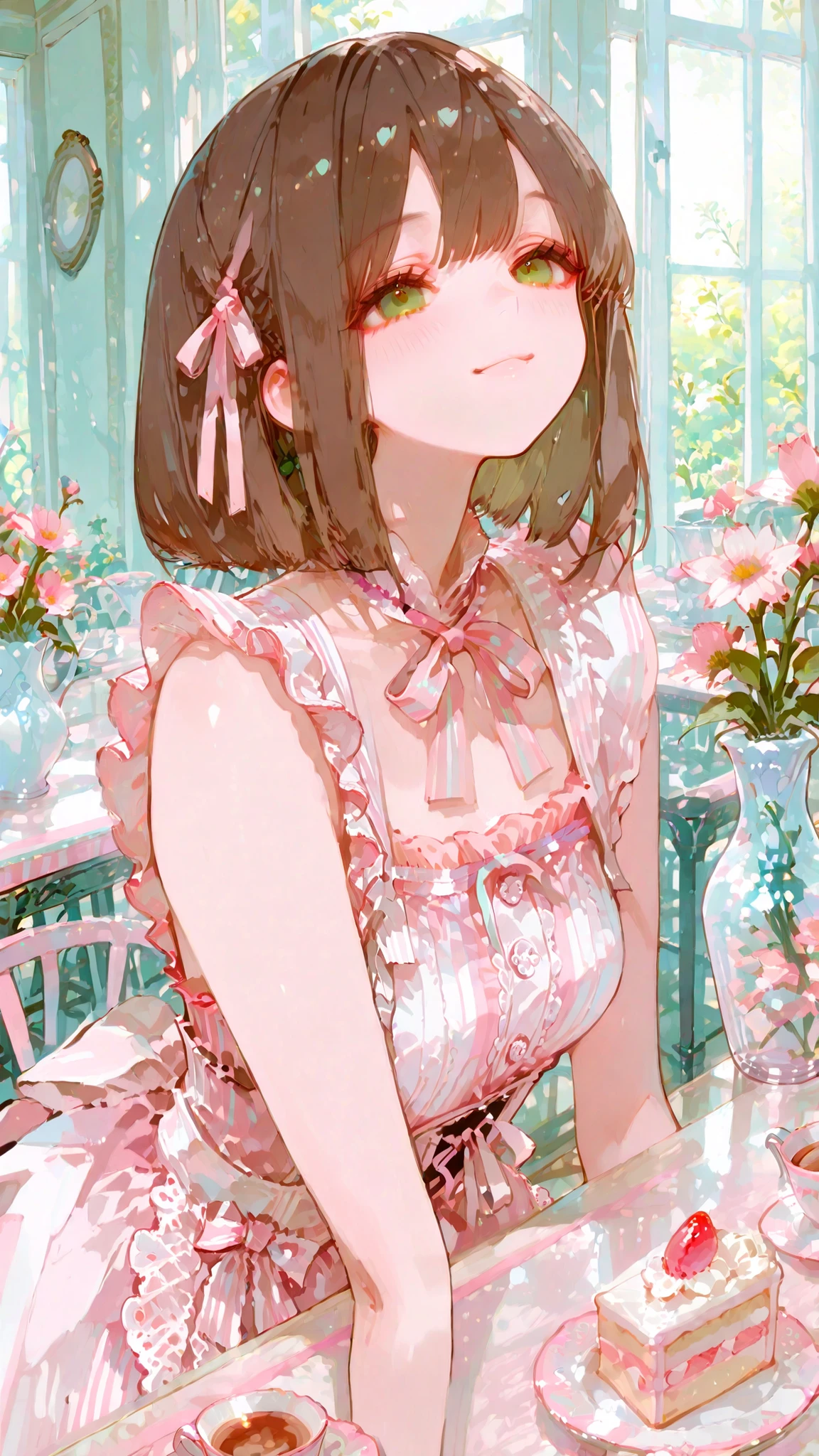 masterpiece, detailed down to the smallest detail, 8K Wallpaper, Sleeveless Maid Clothes, Bright smile, Pink and White Striped Ruffle Blouse, Lace Apron, Ribbon Embellishment , slender figure, bob cut, brown hair, GREEN EYES, cafeteria, Table Setting Medium, cake and tea set, natural light from the window, Flowers in a vase