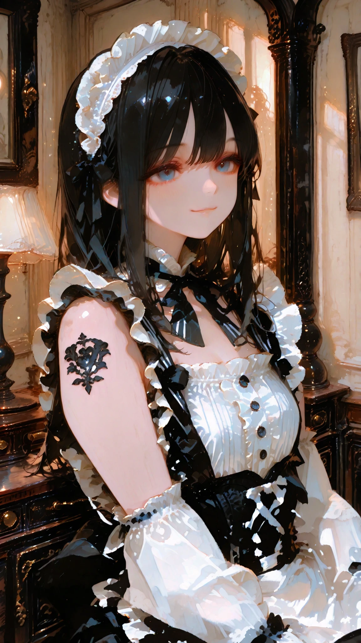 High Quality, best workmanship, ultra high res, Sleeveless Maid Clothes, Cute Smile, Striped Frill Blouse, Black and White Maid Outfit, Frilled Apron, Shoulder Design, Elegant posture, Headdress, long black hair, blue eyes, Interior lighting, Upscale Western Style Guest Room, Antique Furniture, warm atmosphere, soft afternoon light