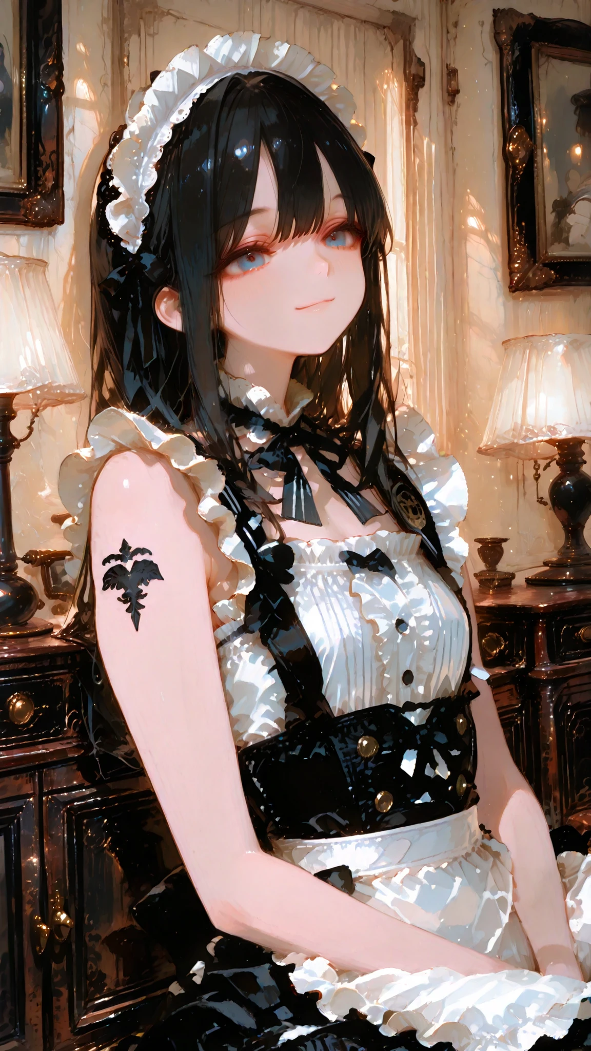 High Quality, best workmanship, ultra high res, Sleeveless Maid Clothes, Cute Smile, Striped Frill Blouse, Black and White Maid Outfit, Frilled Apron, Shoulder Design, Elegant posture, Headdress, long black hair, blue eyes, Interior lighting, Upscale Western Style Guest Room, Antique Furniture, warm atmosphere, soft afternoon light