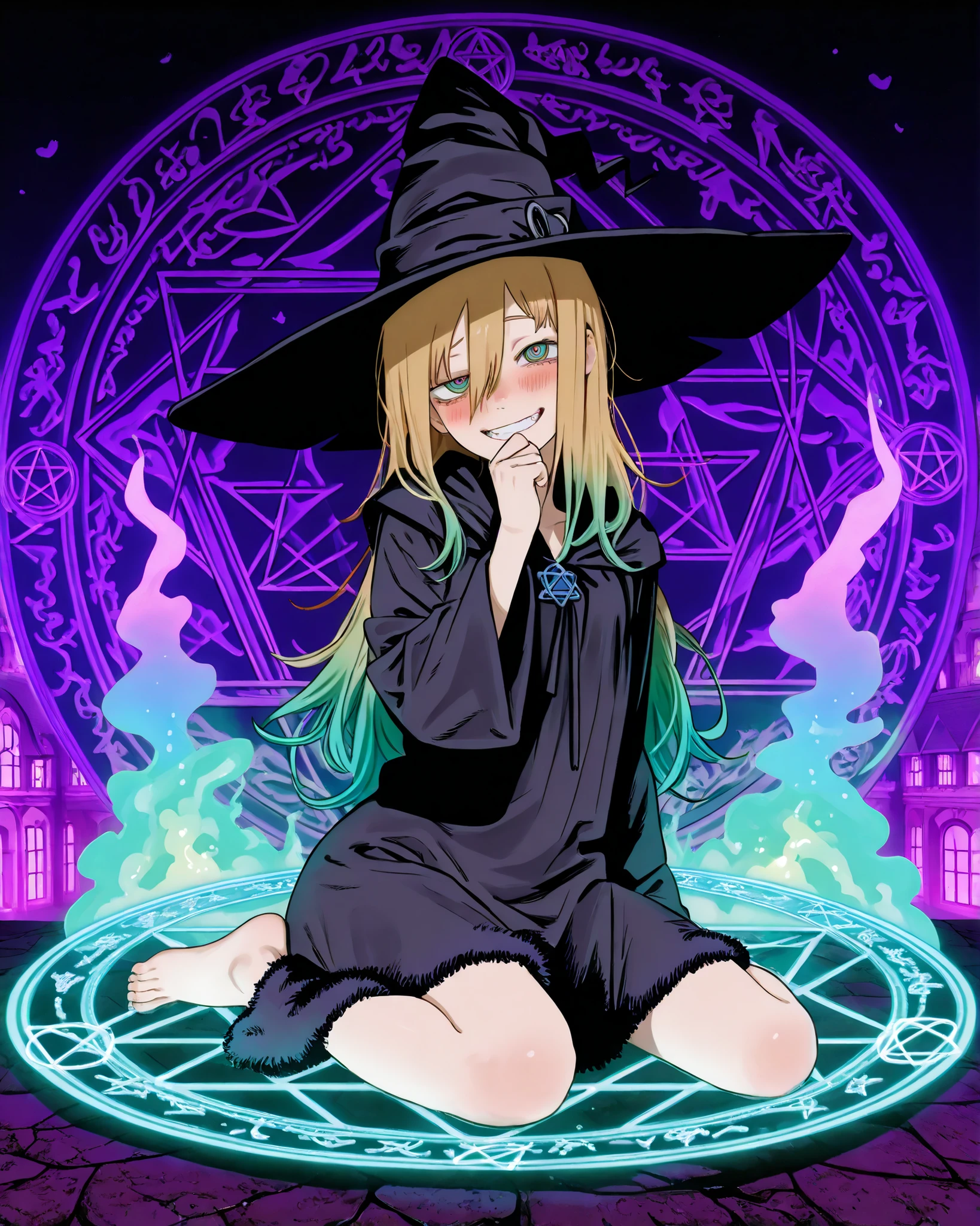 fujimoto,((FujimotoMangaStyle)), ((Fujimoto Tatsuki style)), ((Masterpiece)), ((best quality, amazing quality)), ((very aesthetic, absurdres, newest)), ((transparent background, mini background)), ((detailed background, negative space)), (wide shot, underlighting), (+++), ((1girl)), Cute young Girl, (Healthy Gaunt body, Textured skin, small breast, tilt head), (pale purple eyes, ringed eyes, gradient eyes, uneven eyes, peering into the viewer), ((witch girl)), (very grin, Serrated teeth, blush), fluffy hair, long blonde hair, (hair between eyes, long bangs, Asymmetrical side bangs), (gradient hair, violet color Hair Tip), (black Witch robe, fuzzy midium skirt), (put on Black Witch Hat, Wide-brimmed hat), BREAK loose sitting, wariza, Barefoot sole, Mysterious ankle string, (Covering the mouth with hand), kawaii, ((on the Hexagram Magic Circle, turquoise green Magic Circle)), glowing iridescent rainbow smoke, indoor, (Hexagram, aged painting), european architecture,