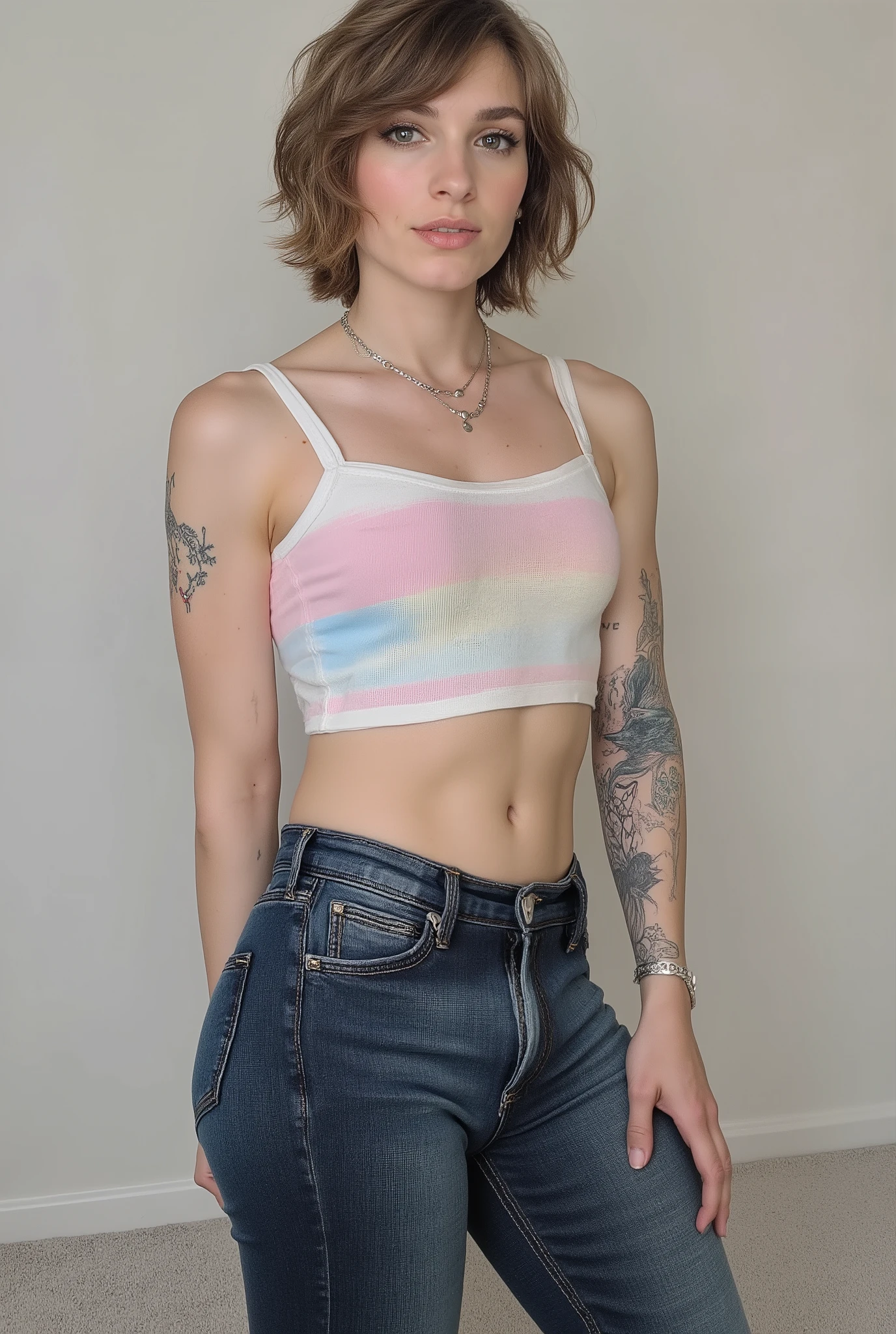 young adult cute femboy, full body shot, white european, androgynous, crossdressing, slender petite build, flat , narrow , smooth light skin, no body hair, soft facial features, winged eyeliner, short tousled bob hairstyle, casual hair across forehead, pastel tank top with white trims, slightly cropped to reveal hint of midriff, tight dark blue jeans, denim is skinny on the legs, tattoos on arms and shoulders, necklaces, feminine outfit on male body, slender legs, androgynous aesthetic, realistic, detailed, posing on fluffy carpet, side view, visible in picture