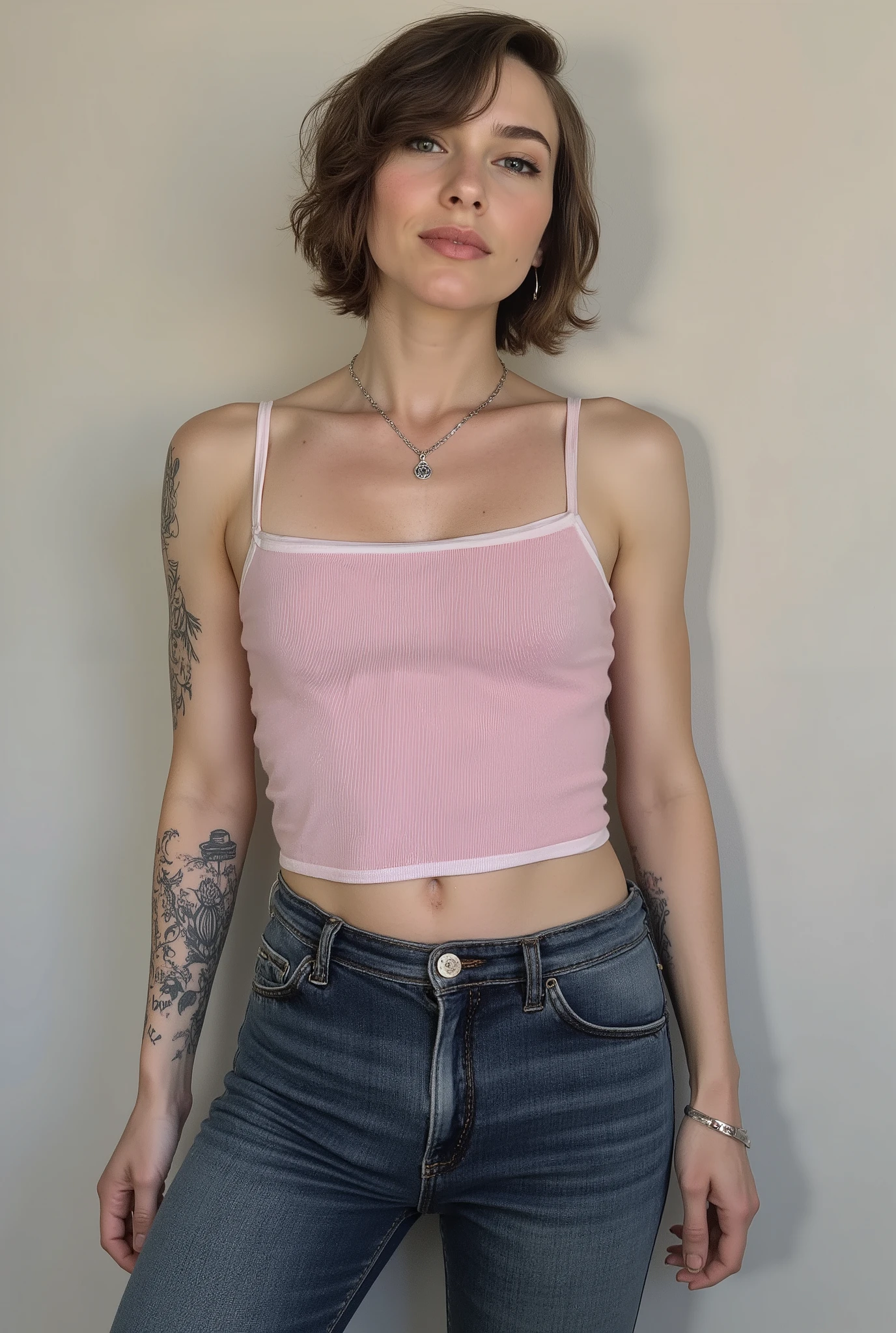 young adult cute femboy, full body shot, white european, androgynous, crossdressing, slender petite build, flat , narrow , smooth light skin, no body hair, soft facial features, winged eyeliner, short tousled bob hairstyle, casual hair across forehead, pastel tank top with white trims, slightly cropped to reveal hint of midriff, tight dark blue jeans, denim is skinny on the legs, tattoos on arms and shoulders, necklaces, feminine outfit on male body, slender legs, androgynous aesthetic, realistic, detailed, posing on  fluffy carpet, side view,  visible in picture
