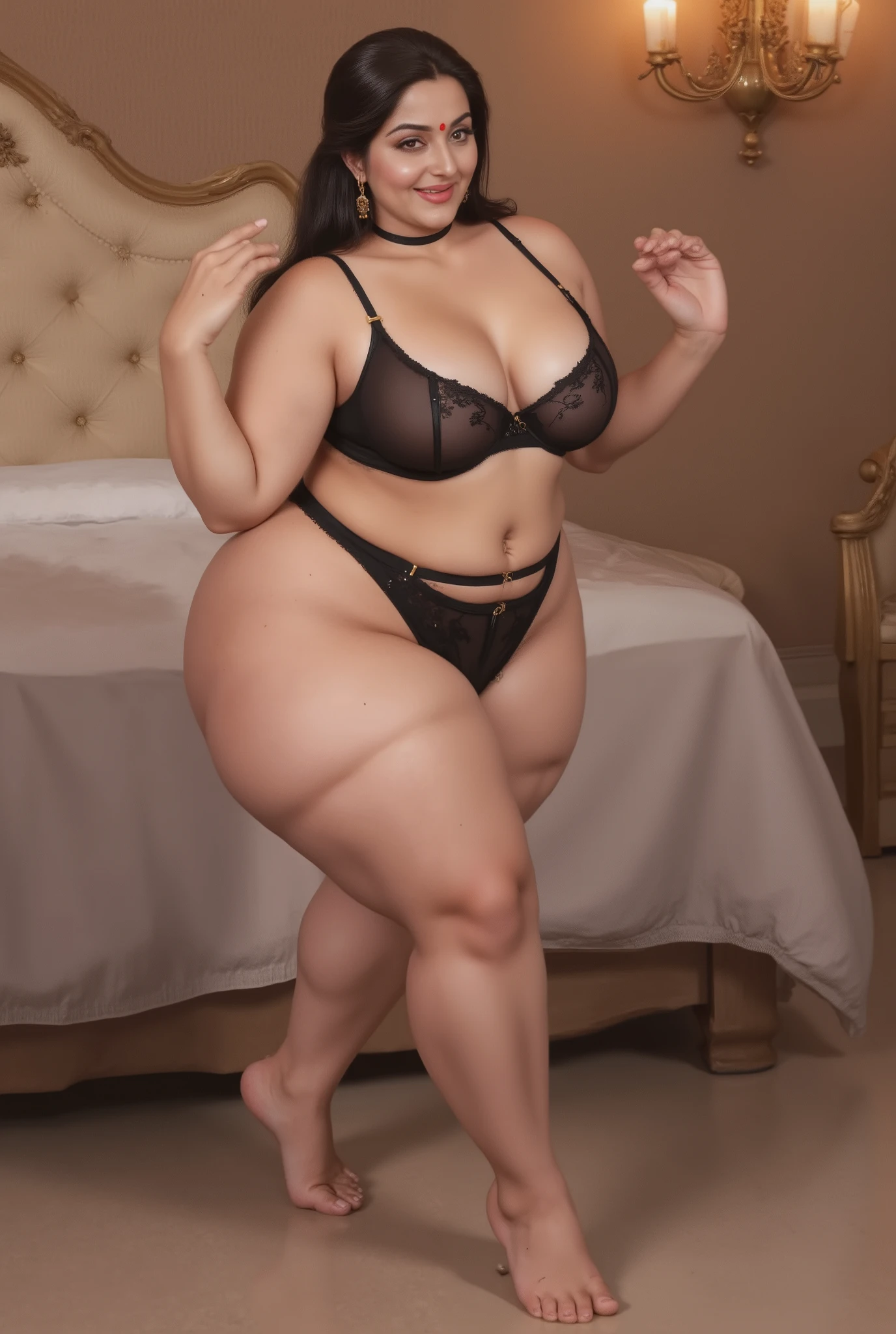 A breathtaking high-quality painting by renowned artist Manimala, centered composition, perfect framing, no cropping, full body shot , depicting a beautiful 45-year-old Indian woman, (Full body image (top to bottom), voluptuous body, chubby Indian plus sized 40 year old, lovely face, inviting smile, , belley button exposed, expression in eyes, confident), curvaceous and busty with and deep cleavage, intricate facial features, serene expression, She wears a red bindi, delicate gold earrings but black neck choker jewelry, and a traditional low bun hairstyle with dark, glossy hair parted slightly off-center. The bun is neatly coiled at the nape of the neck, giving an elegant and composed appearance. A few soft, loose strands fall naturally around her temples and cheeks, gently framing her face. The hair has a healthy sheen, appearing well-groomed yet effortlessly graceful, adding a romantic, slightly tousled charm, standing seductively and looking at the viewer in a warmly lit, divine traditional Indian bedroom wearing br1dal black lingerie,wearing neck chokers (better pose, better hands), soft volumetric lighting, goddess-like presence, ultra-detailed, vivid hues, 4K resolution, professional masterpiece, highly realistic textures, cinematic depth, intricate brushstrokes, ethereal ambiance, evocative and serene. Wide , thick calves, fashion,beautiful feet. Romantic room,elegant tile flooring.