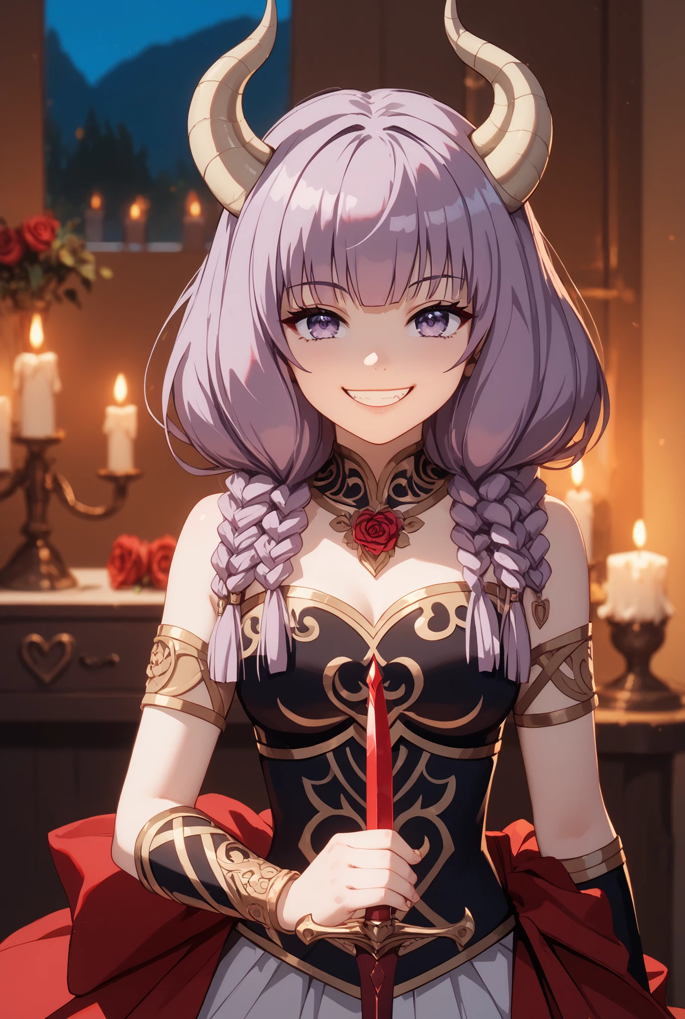 masterpiece,Super Detailed,beautiful faces,And high-precision,(cute Devil's Rose assassin girl:1.5),(one woman),She's sitting on Devil's dark bedroom bed,There is Devil's candle stand behind the bed、Candlelight,external, Expression of victory ,(fearless smile:1.5),light reddish purple hair,Light Purple Eyes,Volumiger
Very cute,doing a devil's ceremony,My cheeks are blurry and red, cowboy shot,(She has a red blade dagger in her right hand:1.5)