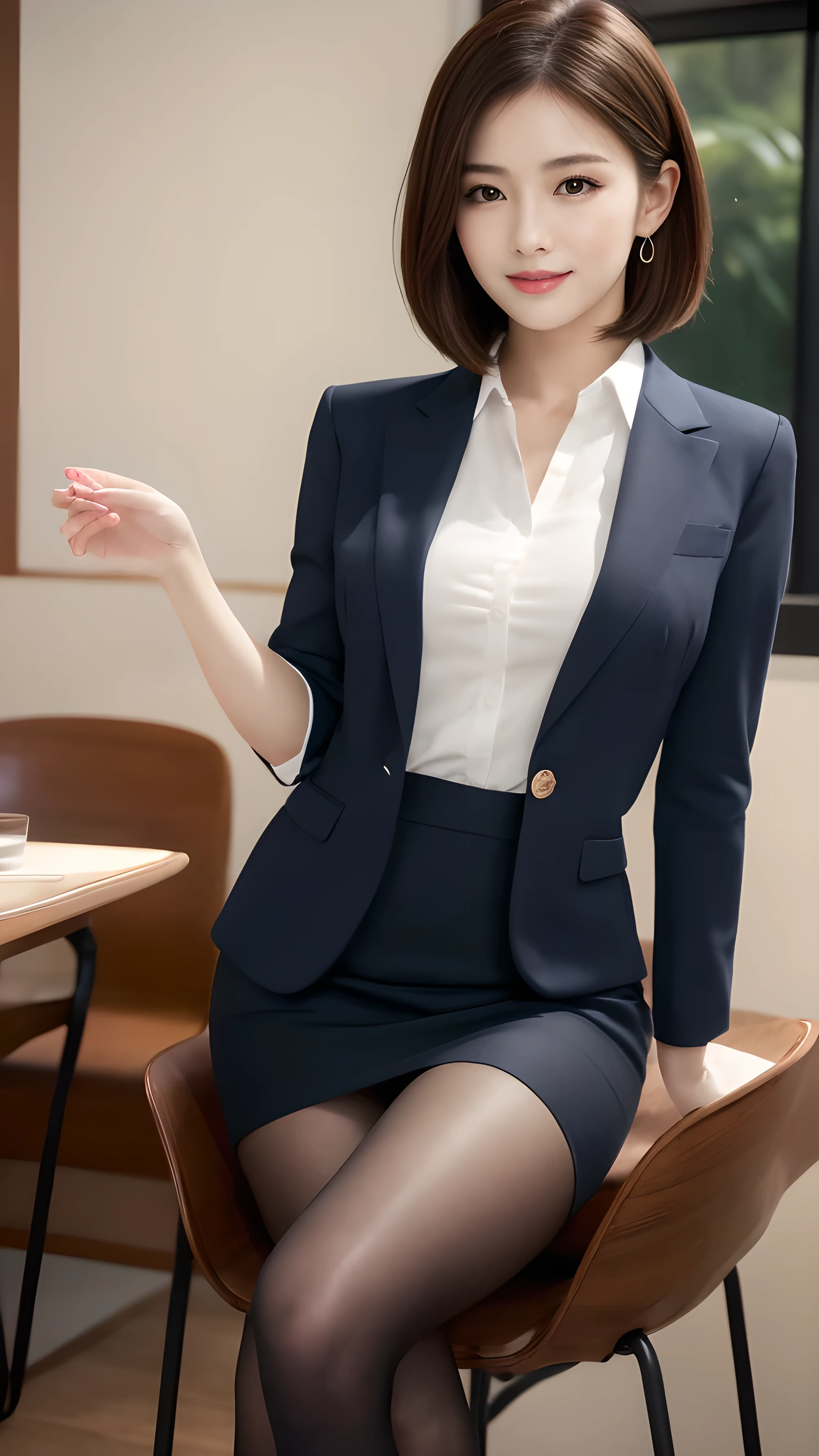 table top, Highest Quality, shape, 非常にdetailsです, details, high resolution, 8K Wallpaper, perfect dynamic composition that invites you to have sex with all your might, beautiful attention to detail, business suit,short hair,Natural Colored Lips, sit on a chair with a slight view of the pants you're not wearing and cross your legs,smile、2 Girls,red eyeshadow,black tights,