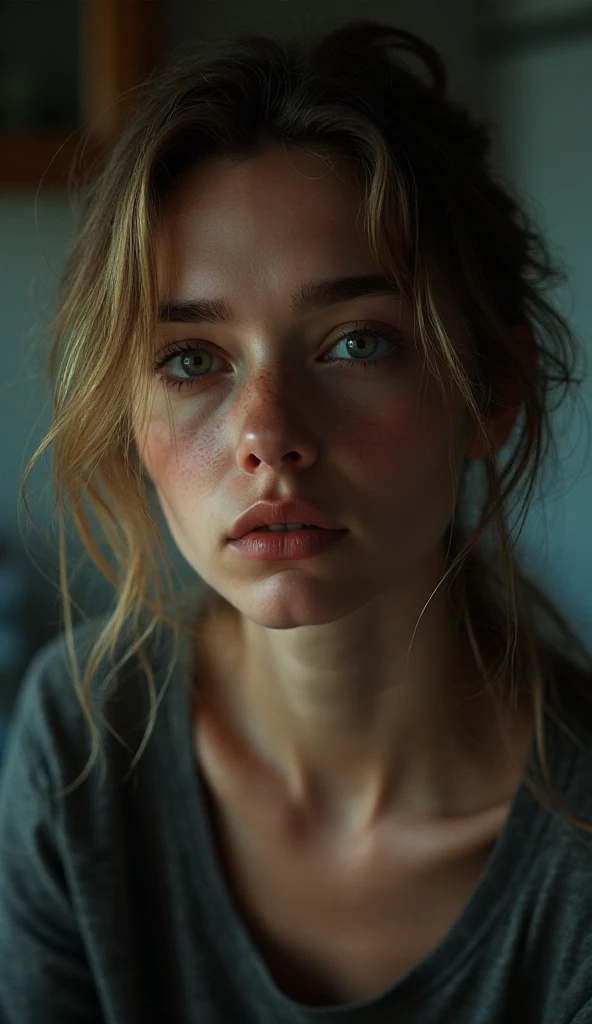 Scene/Subject: Portrait, melancholic
Location/Environment: Rainy window
Lighting/Shadows/Contrast: Soft, diffused light, low contrast
Subject: A woman with a sad facial expression, teary eyes, downturned mouth, wavy, auburn hair, wearing a loose, grey sweater.
Location/Environment: Raindrops on glass, blurred city lights
Lighting/Shadows/Contrast: Overcast lighting, subtle shadows
Action/Interaction: Gazing out the window.