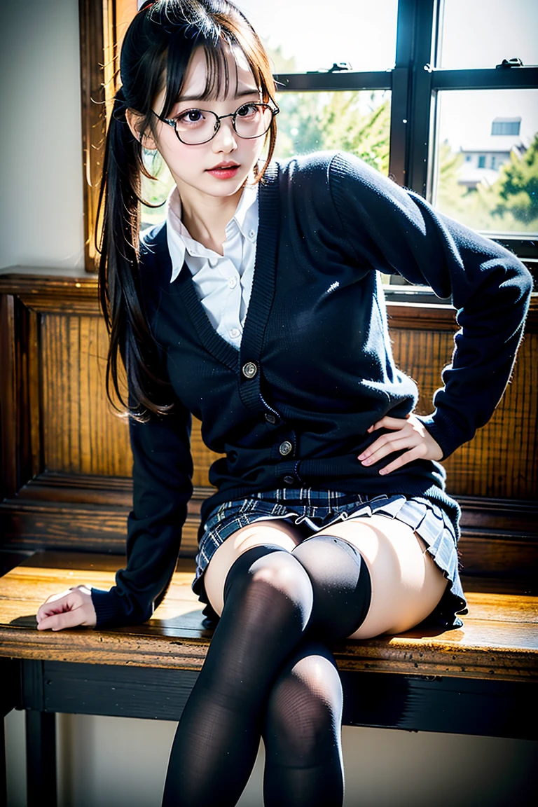 （8k、RAW Photosgraphy、highest quality、masterpiece：1.2),Black Pantyhose,Absurd,Small Face,,Flat ,前hairを真ん中から分ける、The forehead is visible,(eyeを細めて,strong,skinny,Sanding,Rage)、masterpiece,highest quality、超A high resolution,RAW Photos,Len,Beautiful poop,one person, solo,Glasses,,Dark look,Small ,whole body,Round Glasses、cute、Japanese women,standing,(eyeを細めて,strong,skinny,Sanding,Rage,,Flat )、（Photorealistic：1.37）、Photon Mapping,Light blue ribbon,Realistic、cute顔,茶色のeye、Black socks、(Red bow tie)、Radio City、物理ベースLenダリング、prospect、Depth of written boundary、Blurred Background、picture,Girls、body, Long legs, Thin legs,ponytail,(前hairが見える), hair, Lips, green_eye, Nose Soft,White shirt, Navy blue and white plaid pleated skirt, I can see your knees,See-through clothing,, thigh, black cotton socks,Nogizaka Idol, , Japanese Ido、(( panties in full view:1.08))、((Spread your :1.48))