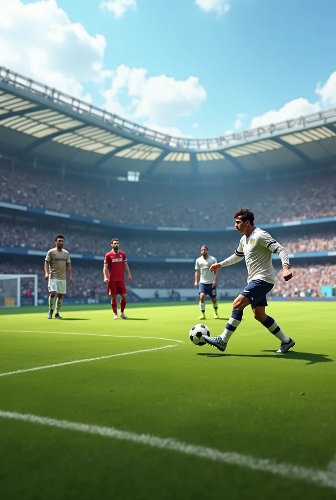 A man wearing a shirt plays the ball skillfully in an open field at the Santiago Bernabeu stadium in front of the eyes of Messi and Ronaldo. The best players in history and the goalkeeper is Buffon 