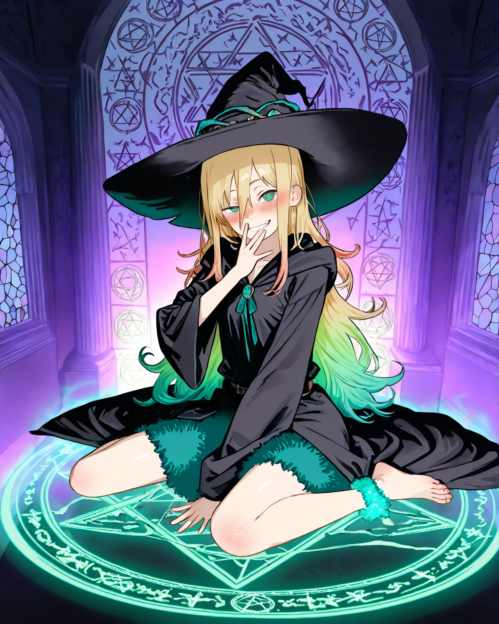 fujimoto,((FujimotoMangaStyle)), ((Fujimoto Tatsuki style)), ((Masterpiece)), ((best quality, amazing quality)), ((very aesthetic, absurdres, newest)), ((transparent background, mini background)), ((detailed background, negative space)), (wide shot, underlighting), (+++), ((1girl)), Cute young Girl, (Healthy Gaunt body, Textured skin, small breast, tilt head), (pale purple eyes, ringed eyes, gradient eyes, uneven eyes, peering into the viewer), ((witch girl)), (very grin, Serrated teeth, blush), fluffy hair, long blonde hair, (hair between eyes, long bangs, Asymmetrical side bangs), (gradient hair, violet color Hair Tip), (black Witch robe, fuzzy midium skirt), (put on Black Witch Hat, Wide-brimmed hat), BREAK loose sitting, wariza, Barefoot sole, Mysterious ankle string, (Covering the mouth with hand, open hand), kawaii, ((on the Hexagram Magic Circle, turquoise green Magic Circle)), glowing iridescent rainbow smoke, indoor, (Hexagram, aged painting), european architecture,