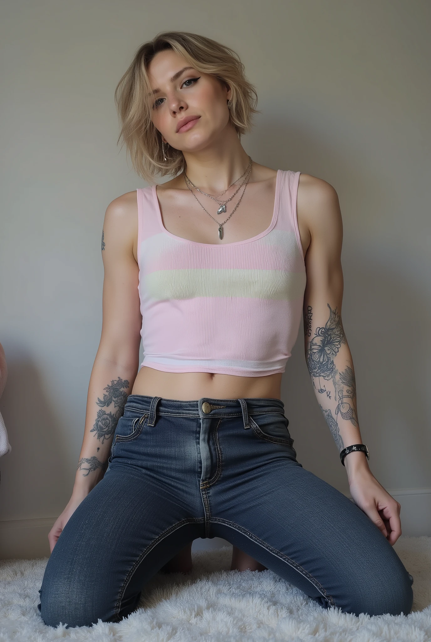 Revealing the outlines of an  penis,young adult cute femboy, full body shot, white european, androgynous, crossdressing, slender petite build, flat , narrow , smooth light skin, no body hair, soft facial features, winged eyeliner, short tousled bob hairstyle, casual hair across forehead, pastel tank top with white trims, slightly cropped to reveal hint of midriff, tight dark blue jeans, denim is skinny on the legs, tattoos on arms and shoulders, necklaces, feminine outfit on male body, slender legs, androgynous aesthetic, realistic, detailed, posing on Floor, fluffy carpet, side view,  visible in picture

