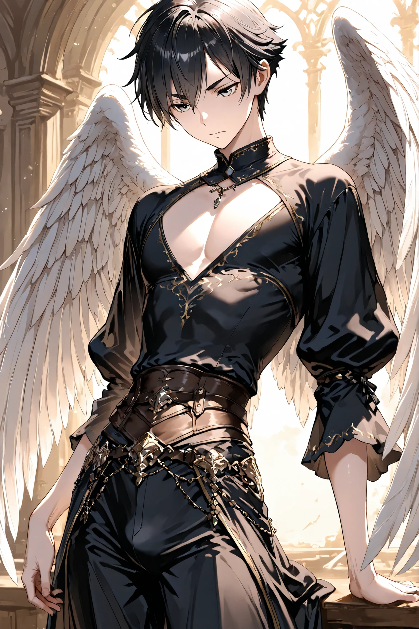 masterpiece, Highest Quality , male, solo, 20歳のmale, looking straight ahead, cowboy shot, jet black hair, casual short hair, grey eyes, Fair skin, Fantasy Outfit, beautiful, grace, Thin waist,  Slim, Luxury, Thin eyebrows, My eyebrows are thin , angel wings from your back, 