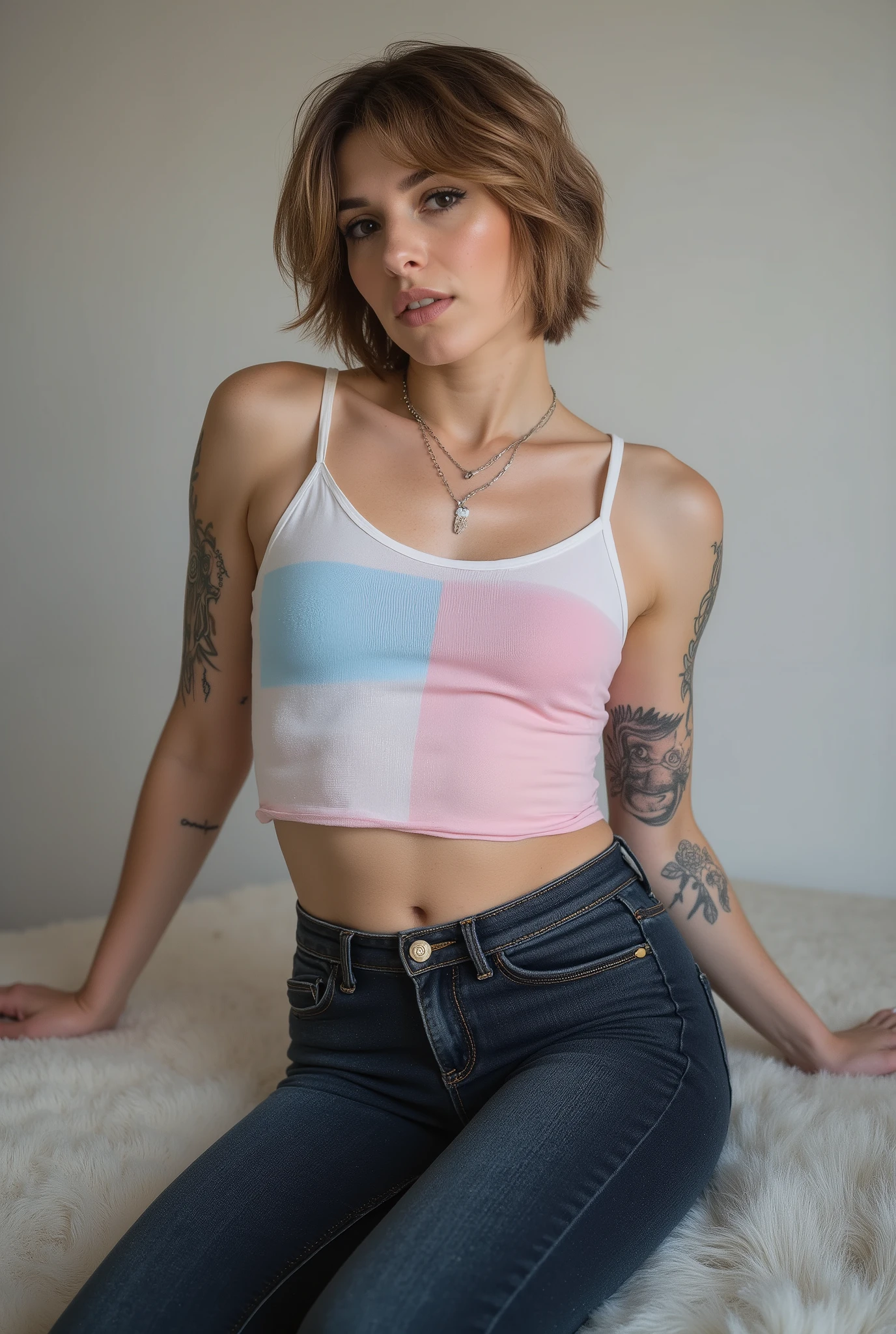 Revealing the outlines of an  penis,young adult cute femboy, full body shot, white european, androgynous, crossdressing, slender petite build, flat , narrow , smooth light skin, no body hair, soft facial features, winged eyeliner, submissive devote expression, short tousled bob hairstyle, casual hair across forehead, pastel tank top with white trims, slightly cropped to reveal hint of midriff, tight dark blue jeans, denim is skinny on the legs, tattoos on arms and shoulders, necklaces, feminine outfit on male body, slender legs, androgynous aesthetic, realistic, detailed, posing on Floor, fluffy carpet, side view,  visible in picture
