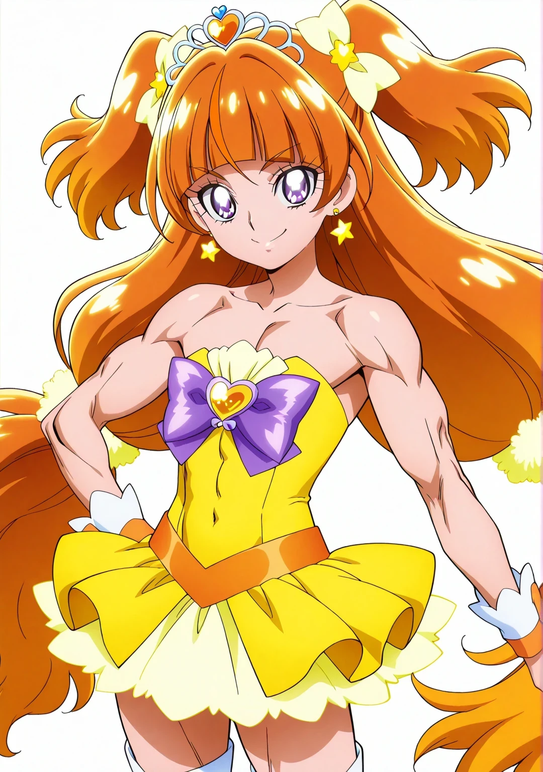 score 9 、score 8 up、score 7 up、source anime、傑作、Best quality、Best resolution、best image quality、anime coloring、anime screen shot、anime screencap、1boy、cure twinkle is a boy、(male:1.6)、official anime style、boy is wearing a yellow strapless dress、orange brown haired boy、official art、solo、long hair、orange hair、low tied long hair、multicolored hair、brown hair、two tone hair、gradient hair、streaked hair、blunt bangs、high big twintails hair、low two side up hair、quad tails、tiara、golden hair accessories、official art style、Jewelry brooch、muscular and strong、white boots、yellow mini dress、sexy、official anime artwork、thigh boots、strong muscles、yellow tutu skirt、purple bow、yellow bow、anime screencap、sparking magical boy、sexy atmosphere、purple puffy mini skirt、layered skirt、ultra mega super hyper sexy、purple puffy mini skirt underneath yellow tutu skirt、男性的で筋肉質、official artwork、anime prince、purple eyes、official anime artwork、muscular man、wrist cuffs、purple bow tie、orange belt、collarbone、trapezius、covered midriff、covered abs、covered navel、 covered stomach、upper pectoralis major、covered pectoralis major、biceps、biceps long head、biceps short head、triceps、triceps medial head、triceps lateral head、triceps long head、deltoids、anterior deltoids、middle deltoids、posterior deltoids、thigh muscles、semitendinosus muscles、covered hamstrings、covered adductor magnus muscles、official anime art、bare shoulders、bare arms、bare bare thighs、anime lewd boy、anime sexy boy、anime bratty boy、anime provocative boy、(manly:1.6)、yellow strapless dress、sexy boy、cool boy、adult boy、lewd boy、bratty boy、provocative boy、white thigh high boots、naughty smile、lewd smile、provocative smile、bratty smile、sexy male、heavenly aura、galaxy aura、lewd male、perfect body、perfect hands、perfect arms、perfect legs、male focus、looking at viewer、cure twinkle outfit、solo focus、cowboy shot、(male body:1.6)、official style、(manly face:1.6)、official art、orange background、purple background、gradient background、two tone background、multicolored background、