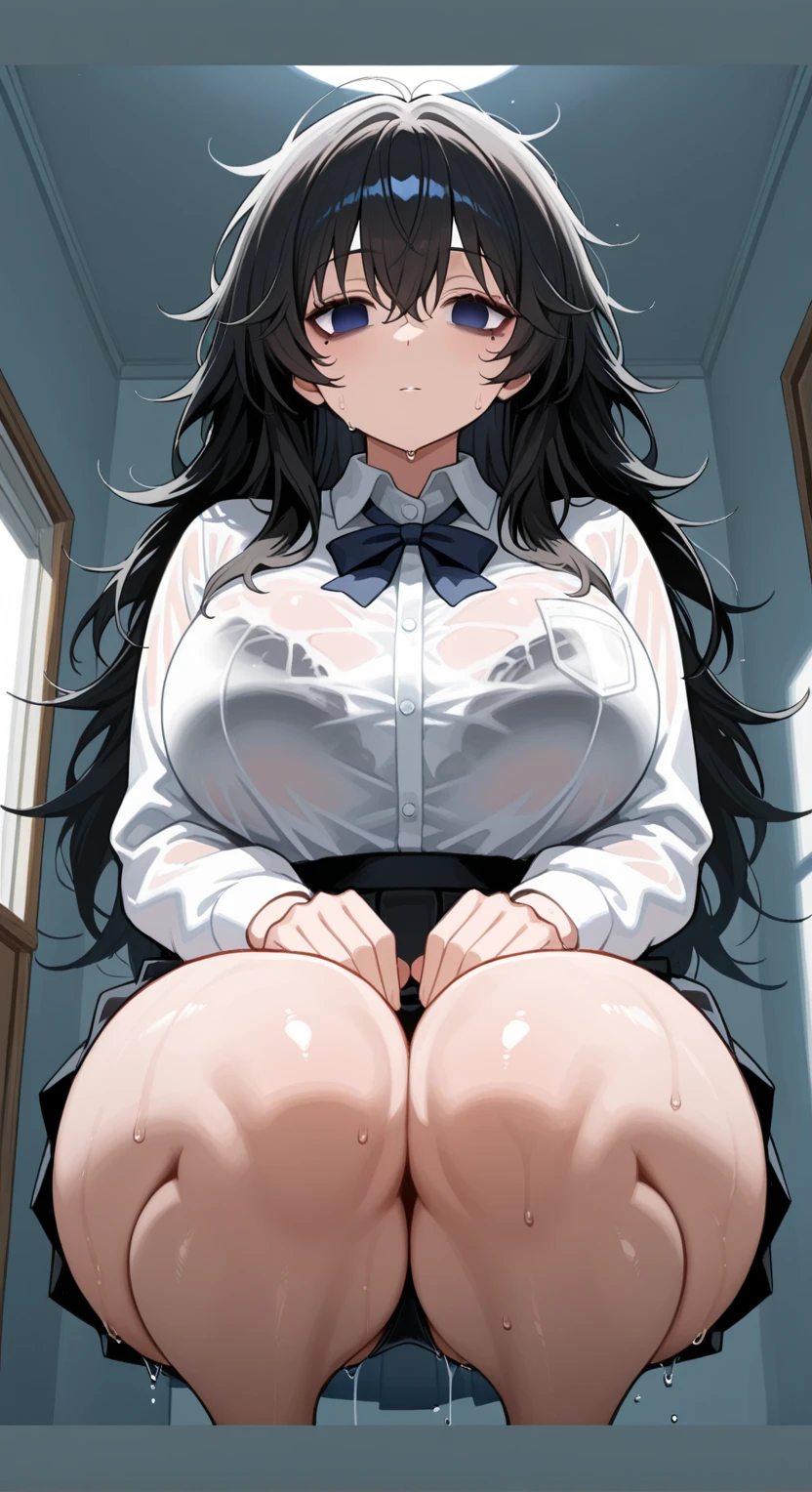 (????:1.5)、Suzune Horikita, black hair, school uniform, looking viewer, indoor, classroom, (masterpiece:1.2)、highest quality, High resolution, 8k wallpaper, (enlightenment:0.8), (beautiful and detailed eyes:1.6)、highly detailed face, perfect lighting, Detailed CG, (perfect hands, perfect ???????), blush, laughter, School, Sit with both knees bent, eight-headed body, beautiful feet , In the school, As if looking up from below、(knees to ?????), 1 boy, (???:1.5), ????????