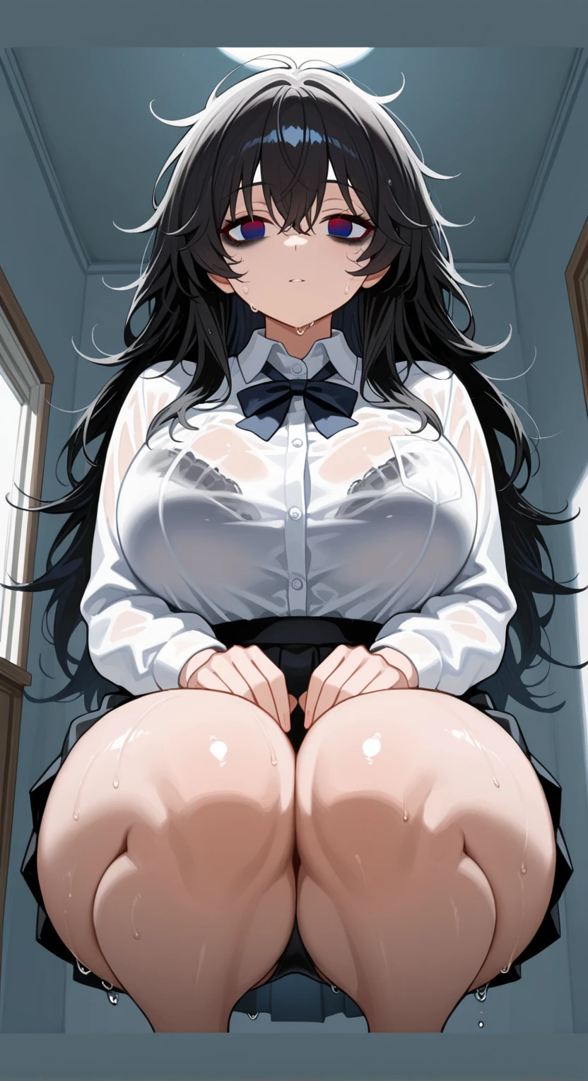 Narita Top Road、One Woman、cute女性、Thick thighs、Best image quality、High resolution、masterpiece、super high quality、Spread your legsしゃがむ、cute、Striped bra、striped panties、Panties visible through a very short pleated skirt、Big Ass、Big  、Blushing、4K quality、Blushing、Proud face、Wearing black knee socks、bed、Spread your legsしゃがむ、 shot、Sweaty all over、Heavy breathing、Chest is bobbing up and down、heart、Condescending look、Low Angle、Zoom in on the crotch、Cowboy Shot、(From below:1.8)、Sit on the living room couch with your knees raised, Spread your legs