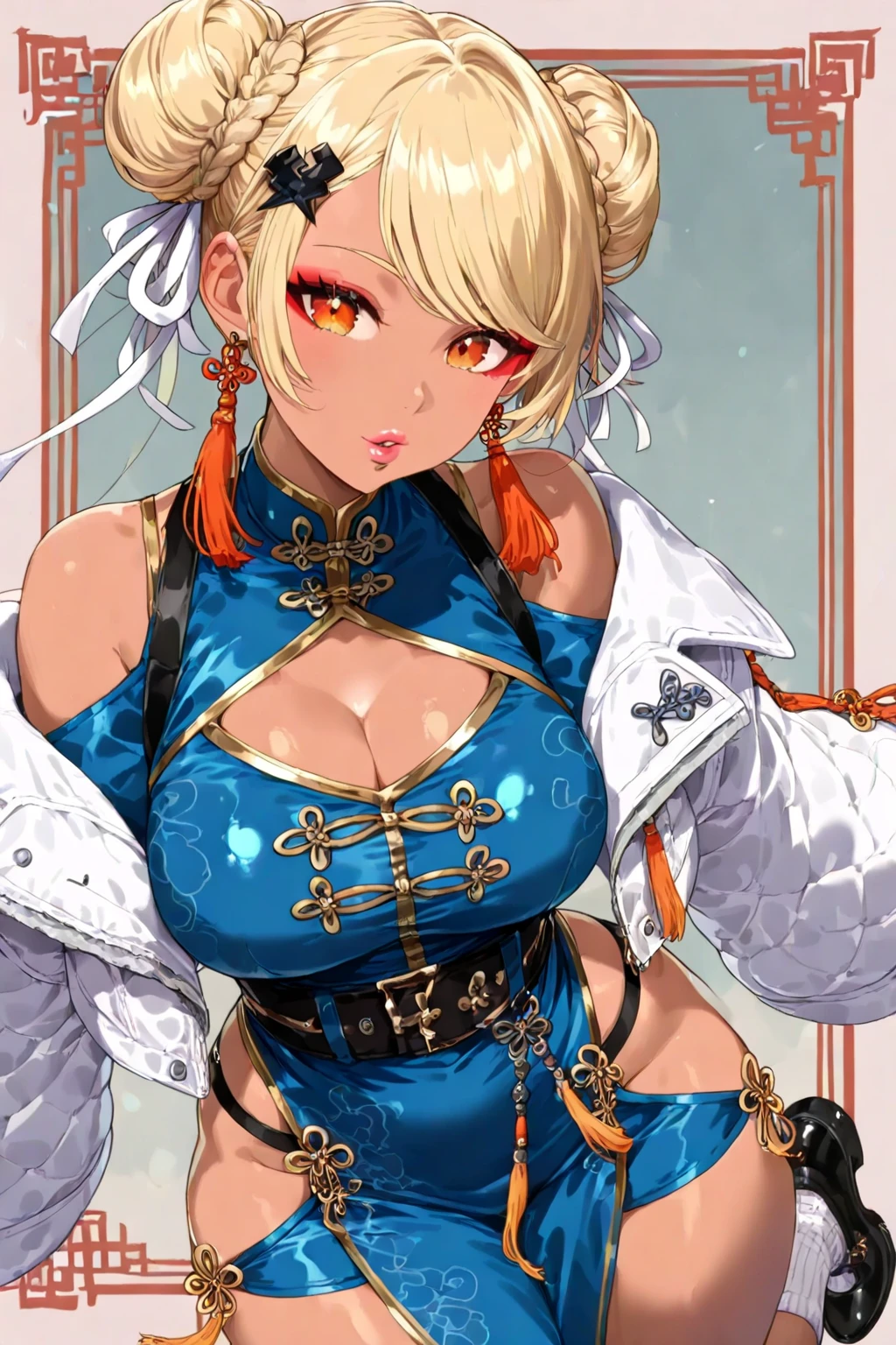 score_9, score_8_up, source_anime, 1girl, solo, QpiChn, orange eyes, dark skin, blonde hair, swept bangs, double bun, hair ornament, tassel earrings, blue dress, china dress, hip vent, high collar, cleavage cutout, shoulder cutout, black belt, white jacket, off-shoulder jacket, indoors, sitting, on couch, smile, <lora:ChamKaminariQpiPonyXL:1>