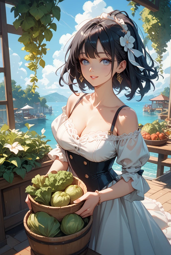 (small ???????:1.2), (perky ?????:1.2), (pointed ?????:1.2), (Pudding cake magazine cover:1.3),(from above:1.0),(from side:0.9),masterpiece, 1girl, Amazing Cleavage:1.1, thin waist, big ???, Raised ????, posed cleavage:1.2,(perky ?????:1.2), (pointed ?????:1.2),(farmhouse entrance:1.0),(((brown Tunic:1.3))),(((lemons and stroberies in the basket),Cute and beautiful girl,Cute round face,Cute smile,Red Lip, looking at viewer, open mouth, have a cute glass of beergrass,black hair, dark green eyes, deep brown public party dress, ???? shoulders,collarbone, sidelocks, hairband, earrings wih safia  jewelry, outdoors, darck coller off shoulder sweater dress, plant, short hair with long locks, gild hairband, off-shoulder dress, sweater dress, off-shoulder sweater, black sweater, dark gord hair, big side hair, very long side hair,is rendered in (masterpiece: 1.2, best quality), with (ultra high resolution) and an exquisite (depth of field). ,(Bangs are see-through bangs),hair pin,hair adornments,detailed clothes features,Detailed hair features,detailed facial features,(Dynamic angles),(Dynamic and ???? poses),clothes that emphasize ???????????,Cinematic Light,(masutepiece,top-quality,Ultra-high resolution) ,(The 8k quality,Anatomically accurate facial structure,),(Sea Art 2 Mode:1.3),(Image Mode Ultra HD,) 
