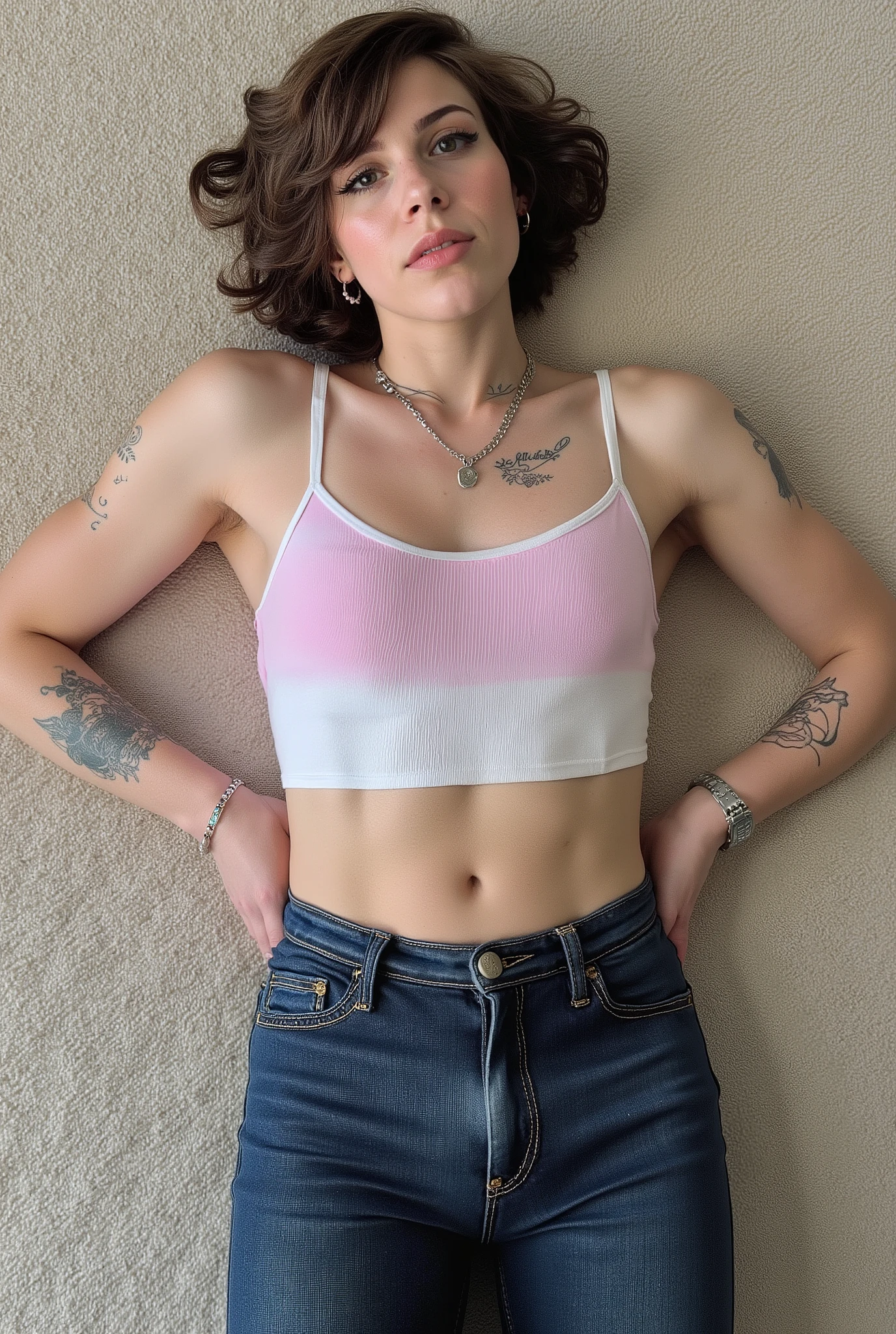 Revealing the outlines of an penis,young cute femboy, full body shot, white european, androgynous, crossdressing, slender petite build, flat , narrow , smooth light skin, no body hair, soft facial features, winged eyeliner, submissive devote expression, short tousled bob hairstyle, casual hair across forehead, pastel tank top with white trims, slightly cropped to reveal hint of midriff, tight dark blue jeans, denim is skinny on the legs, tattoos on arms and shoulders, necklaces, feminine outfit on male body, slender legs, androgynous aesthetic, realistic, detailed, laying on floor, laying on back, bird's eye view, fluffy carpet, side view, visible in picture