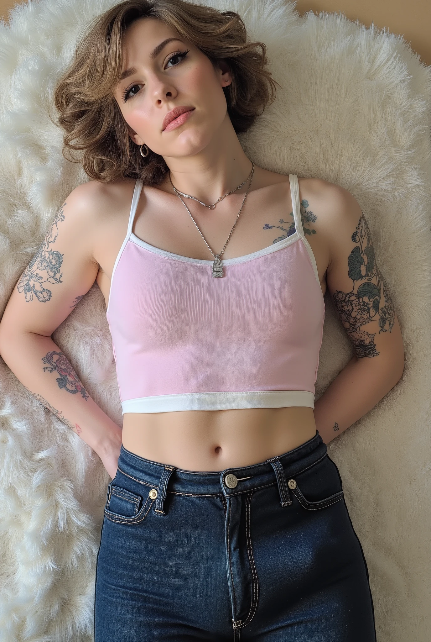 Revealing the outlines of an  penis,young cute femboy, full body shot, white european, androgynous, crossdressing, slender petite build, flat , narrow , smooth light skin, no body hair, soft facial features, winged eyeliner, submissive devote expression, short tousled bob hairstyle, casual hair across forehead, pastel tank top with white trims, slightly cropped to reveal hint of midriff, tight dark blue jeans, denim is skinny on the legs, tattoos on arms and shoulders, necklaces, feminine outfit on male body, slender legs, androgynous aesthetic, realistic, detailed, laying on floor, laying on back, bird's eye view, fluffy carpet, side view,  visible in picture
