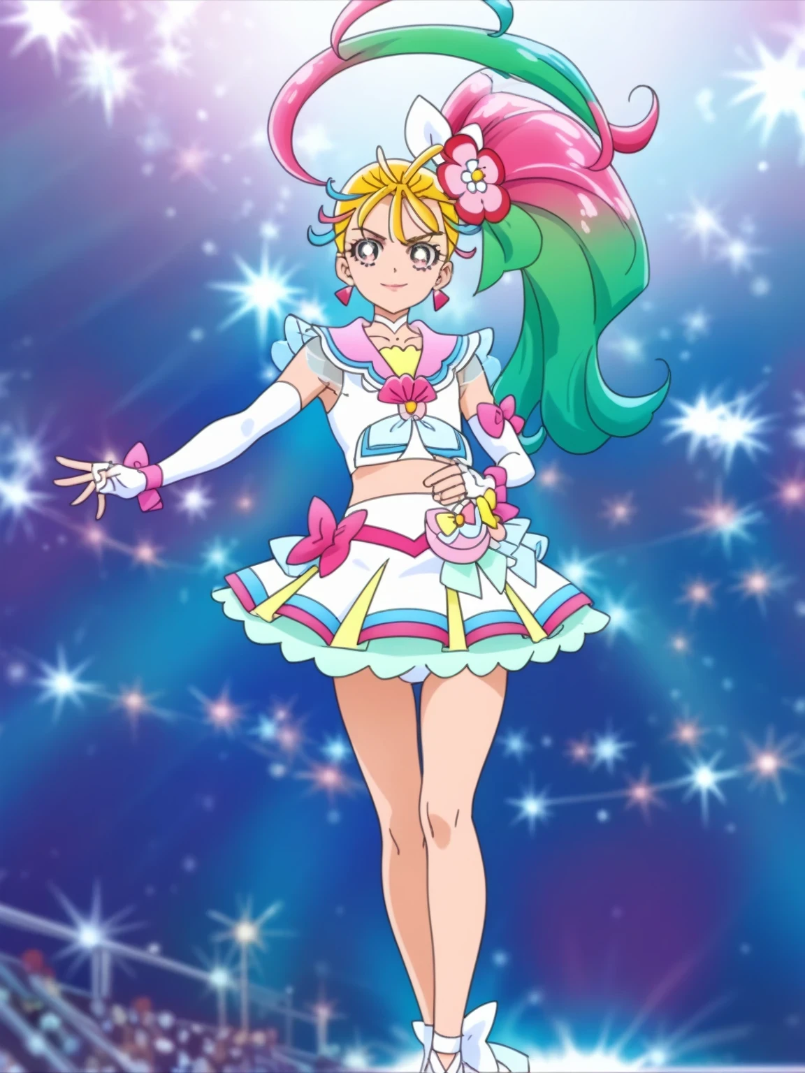 score 9 , score 8 up, score 7 up, source anime, masterpiece, Best quality, Best resolution, best image quality, anime coloring, anime screenshot, anime screencap, 1boy, cure summer is a boy, long haired anime boy, 美しい天の魔道士, flower, jewelry, hair ornament, sea warrior, sunshine aura, heavenly aura, sea aura, solo, long blonde haired boy, high side ponytail hair, multicolored hair, two tone hair, streaked hair, gradient hair, pink hair, eyelashes, thick eyebrows, hair flip, zodiac boy knight, flower hair ornament, sparking magical boy, royal elegant pose, anime boy is wearing a white crop top dress, anime boy is wearing a Belly button outfit, anime prince, white arm warmers, white gloves, white sandals, white detached sleeves, elbow gloves, white choker, fingerless gloves, sailor collar with an pink, neckerchief with an pink, lips, triangle earrings, white mini skirt, 彼の周りの魔法のオーラ, green frills under white mini skirt, Portrait of a Zodiac boy Knight, boyish taste, cure summer outfit, 魔法の光沢のある肌, tom boy style, a cheerful smile, slender body, day time!!,  male focus, looking at viewer, solo focus, cowboy shot, bare shoulders, bare arms, bare legs,midriff, navel, abs, covered pectoralis major, stomach, biceps, biceps long head, biceps short head, triceps, deltoids, thigh muscles, hamstrings, adductor magnus muscles, separate outfit, battle outfit, (manly:1.5), crossdressing, (male body:1.5), femboy, (manly face:1.5), bulge medium underneath outfit,