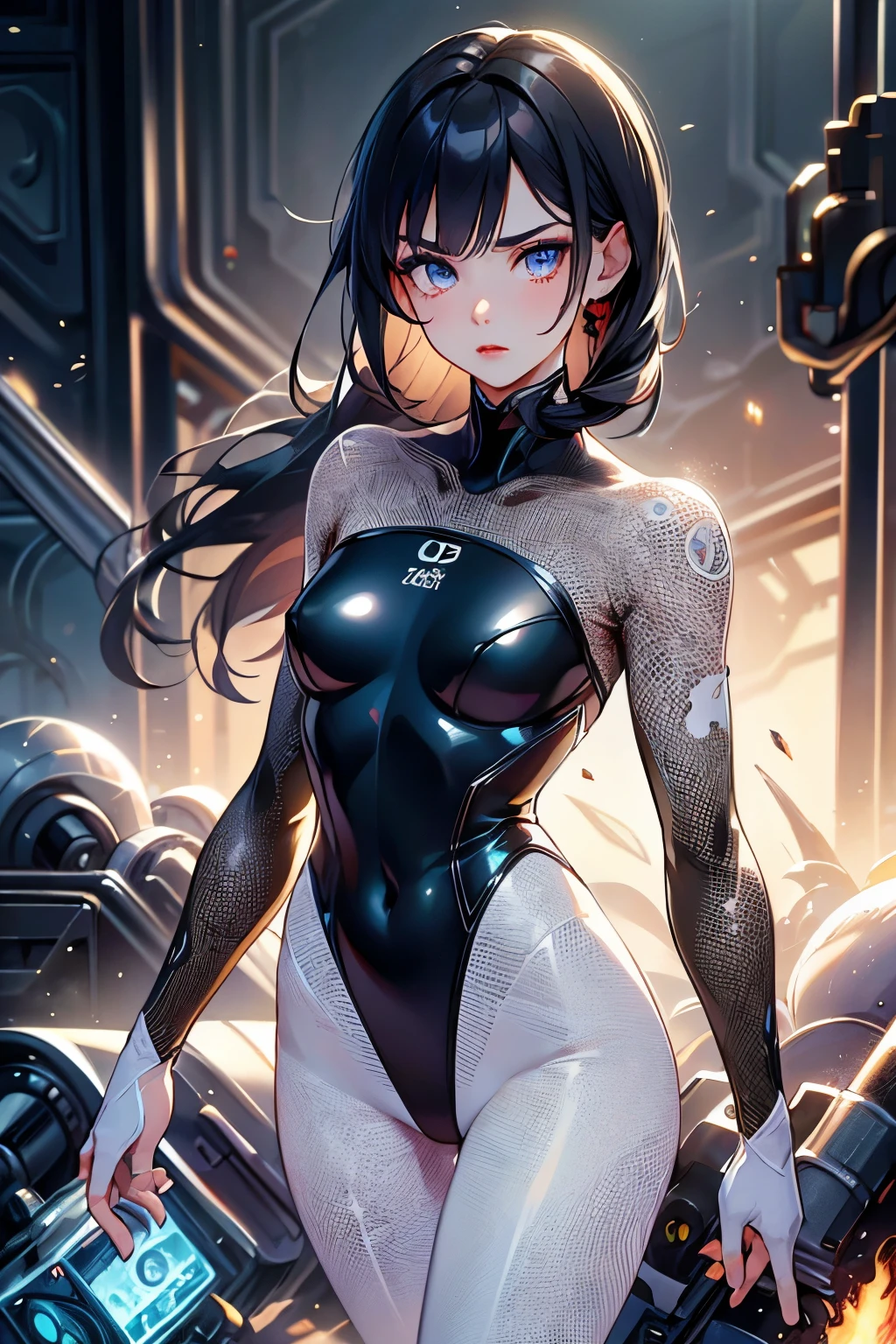 (highest quality:1.2), a 15-years-old girl is walking in front of a broken laboratory. the labo is burning.there are many corpses. A difficult expression on her face, front view, a photorealistic cute girl, beautiful face, European face like a doll, heaviy make-up face, serious face, something sad face, close mouth, beautiful detailed eyes,fully open eyes, beautiful bloody red lip, her face looks a difficult expression, long black hair, cowboy shot, small breast, wearing long sleeve white leotard,tight-fitting and extra shiny white leotard, wearing white fishnet bodysuits。