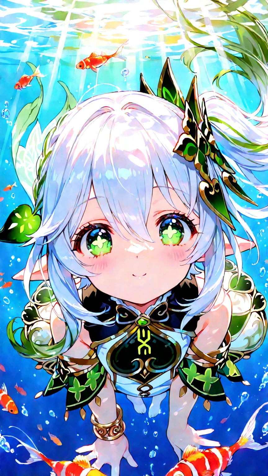 ,masterpiece,Highest quality,High resolution,Super detailed,Nahida \(genshin impact\)、Green Eyes、dress、白いdress、Pointed Ears、Cruciform pupil、Symbol-shaped pupil、+ +、Side Ponytail、Long Hair、White Hair、Multicolored Hair、hair ornaments,blush,Expecting face,smile,in the forest,lake,Sitting,From above,birdie,deer