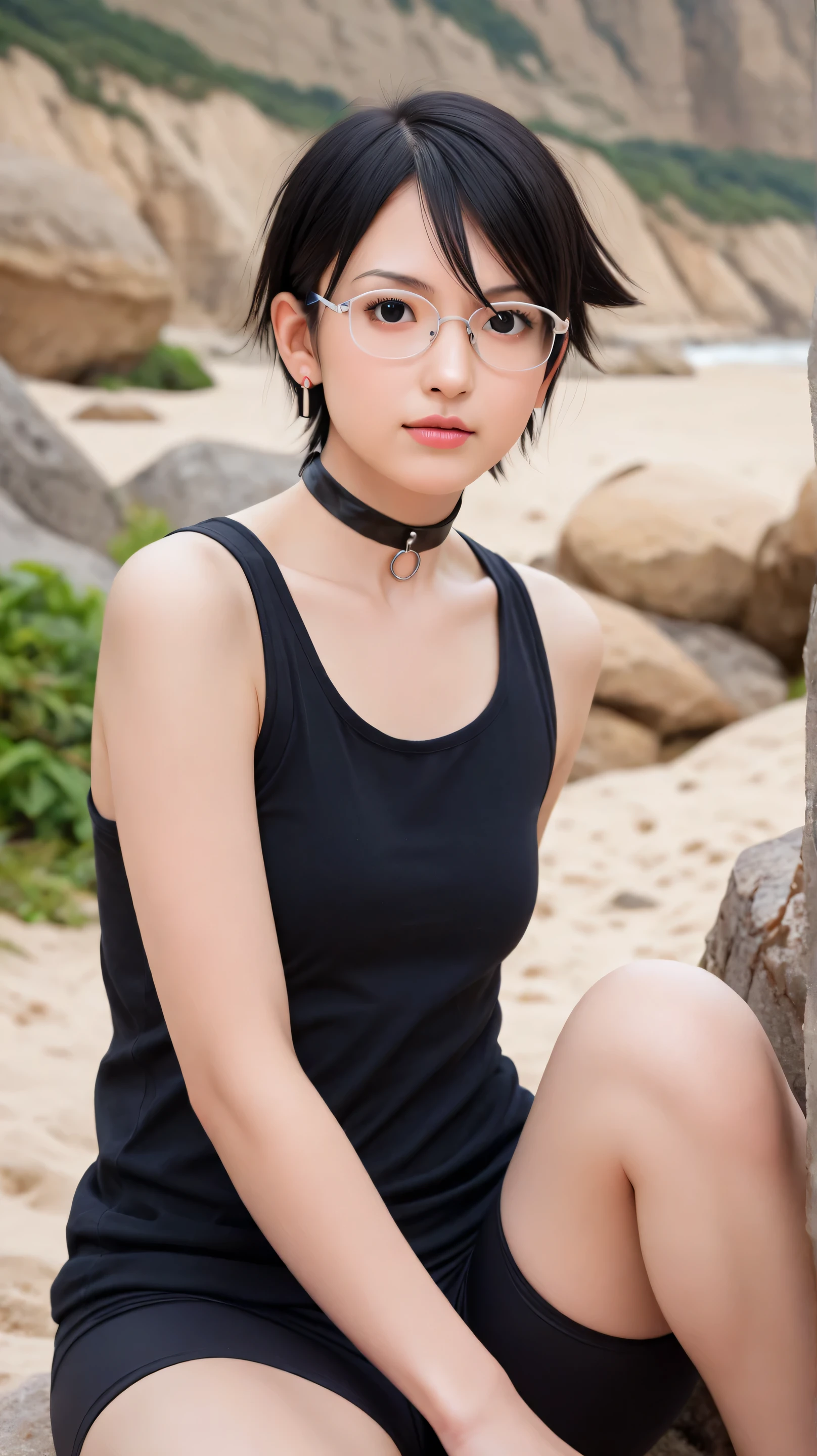 Masterpiece, best quality, 8k, ultra high resolution, photorealistic, cinematic composition,1girl, solo,sarada uchiha,black eyes,black hair,buzz-cut hair,outdoors,potrait,small breast,top of hill background,sitting on boulders,navel,(wear glasses:1.5),close up,earings,,bare shoulders, looking at viewer,beach below the cliff,(tanktop :1.5),(wearing chokers:1.5),hair between eyes,bike shorts