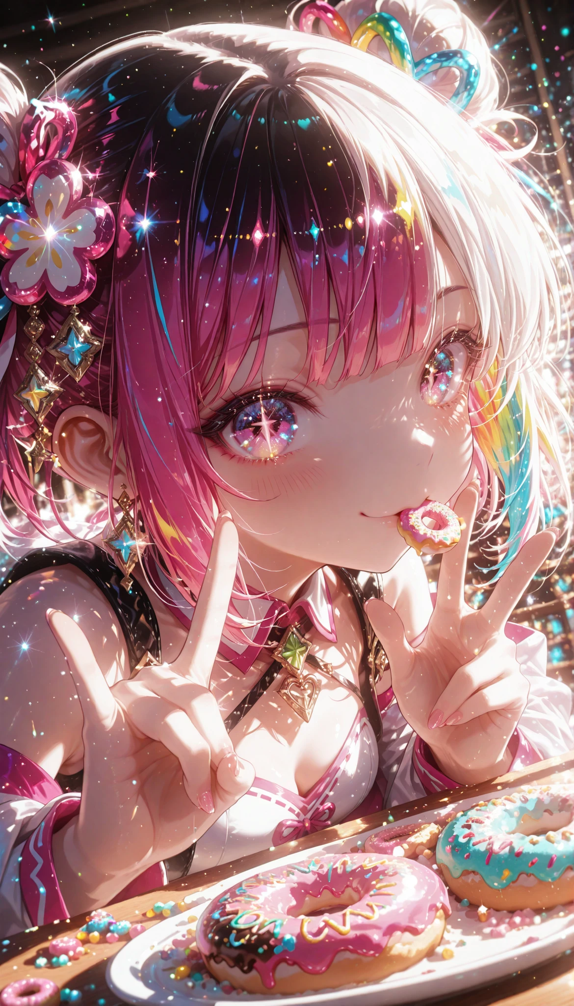 1girl , solo ,Shining Fortune Teller's Outfit ,colorful sweets on the table fortune telling of sweets eating big colorful donuts foot method\n\n High resolution , light/Dark Method , very detailed background , Exquisitely Designed Shining Fortune Teller's Outfit , Dramatic Vivid Lighting ,Dramatic Angles , ((sparkling light particles)), Dynamic Illustration, Dramatic Vivid Lighting, bright, bright colorful splash effects,BREAK((bright colorful splash effects)),fantasy、(((cute Japanese deformed anime Big Smiles Doya face close your eyes )))、