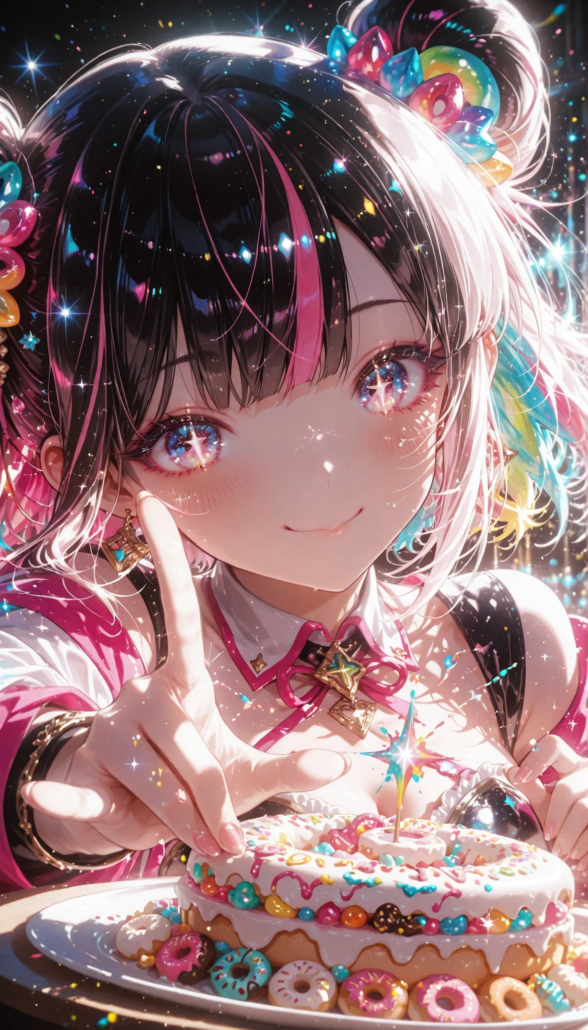 1girl , solo ,Shining Fortune Teller's Outfit ,colorful sweets on the table fortune telling of sweets eating big colorful donuts foot method\n\n High resolution , light/Dark Method , very detailed background , Exquisitely Designed Shining Fortune Teller's Outfit , Dramatic Vivid Lighting ,Dramatic Angles , ((sparkling light particles)), Dynamic Illustration, Dramatic Vivid Lighting, bright, bright colorful splash effects,BREAK((bright colorful splash effects)),fantasy、(((cute Japanese deformed anime Big Smiles Doya face close your eyes )))、