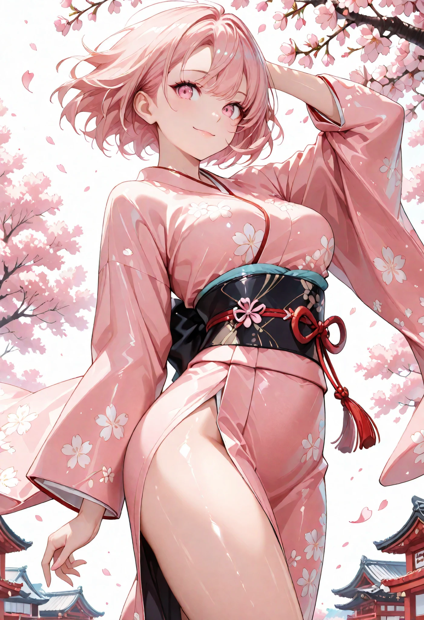 (masterpiece, high resolution, 2K resolution, very detailed), (1 girl, completely finished), smile 、(Kimono),cute 、medium breasts,cherry blossoms ,reach out (pink hair,short hair,Floating Hair ),dynamic poses、 (pink eyes、perfect eyes),shiny skin