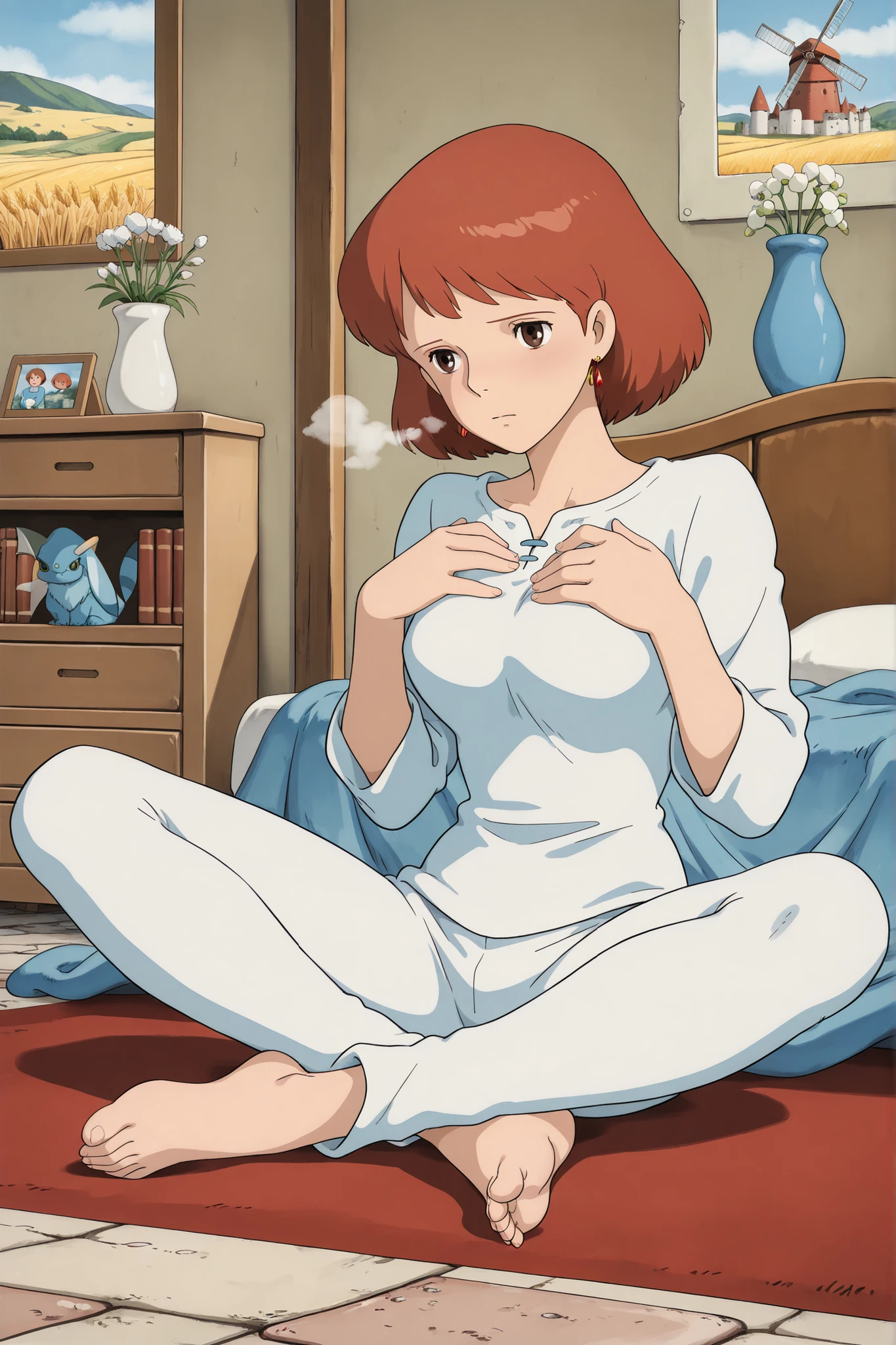Nausicaa,1girl,brown hair,medium hair,brown eyes, breasts,, (Masterpiece, top quality, 8k, High quality anime, detailed and accurate anime poster, Studio Ghibli style, High sense Art ), adorable face, very kind face, Sitting on the bed in her private room, wake up, sleepy face, pajamas, desk, single bed, silk sheets, blue and white blanket, bookshelf, flower in a vase, large bay window, fairy painting on the wall, Exotic atmosphere, put both hands own chest and pray, hot breath close to the face, on early morning, depressed mood, orange hair, short hair, ((elegant short bob cut)), dark brown eyes, beautiful clear eyes, Red Gemstone Earrings, beautiful breasts, beautiful legs, perfect body balance, perfect beauty, slender body, beautiful eyes, beautiful young female body, (sidelong glance), Valley of the Wind Scenery, Beautiful scenery in the valley, Cturch, windmill, Wheat field, Cobblestone load, winery, Castle terrace, Silk curtain, sword on the wall, ((very cool Nausicaa)), ((Nausicaa is very elegant)), white color leggings pants, waist string, white running shirt, beautiful skin, beautiful floor rug, front face view, she glance audience,