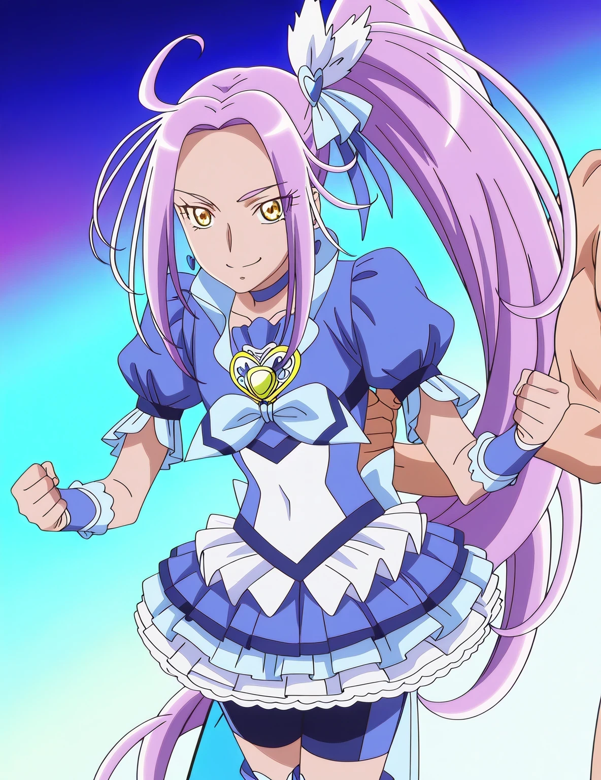 score 9 、score 8 up、score 7 up、source anime、傑作、best quality、best resolution、best image quality、Very detailed face、Very detailed eyes、very detailed、anime coloring、anime screencap、anime screenshot、official style、1boy、cure beat is a boy、(male:1.5)、male character is wearing a blue dress、beefcake standing、purple hair、side ponytail hair、high side ponytail hair、very long hair、parted bangs、ahoge、yellow eyes、睫毛、shiny hair、 hair pin、hair bow、earrings、solo、zodiac boy、magical boy、portrait zodiac boy、long legs、covered pectoralis major、navy blue puffy short sleeves、frilled sleeves、bare thighs、blue mini skirt、frilled skirt、layered skirt、white mini skirt underneath blue mini skirt、high cut skirt、navy blue bike shorts、basic bike shorts、tight bike shorts、wrist cuffs、purple neckwear、purple choker、jewelry、heart brooch、navy blue bike shorts underneath white mini skirt、blue legwear、blue thigh high boots、blue footwear、knee boots、heel boots、frilled dress、!!Full body portrait!!、 magical boy style、magical aura、the blue thunder aura、the pastel purple thunder aura、cool beautiful、official anime artwork、cool sexy、tall boy、anime prince、official anime style、naughty anime style、cure beat outfit、王子としての王様讃美歌、covered trapezius、biceps、biceps long head、biceps short head、triceps、triceps medial head、triceps lateral head、triceps long head、brachioradialis、covered deltoids、arm muscles、thigh muscles、covered semitendinosus muscles、covered hamstrings、covered adductor magnus muscles、cool smile、sexy smile、(manly:1.5)、perfect body、perfect hands、perfect arms、perfect legs、looking at viewer、male focus、cowboy shot、(male body:1.5)、beefcake style、(manly face:1.5)、navy blue background、pastel purple background、gradient background、two tone background、multicolored background、official art、