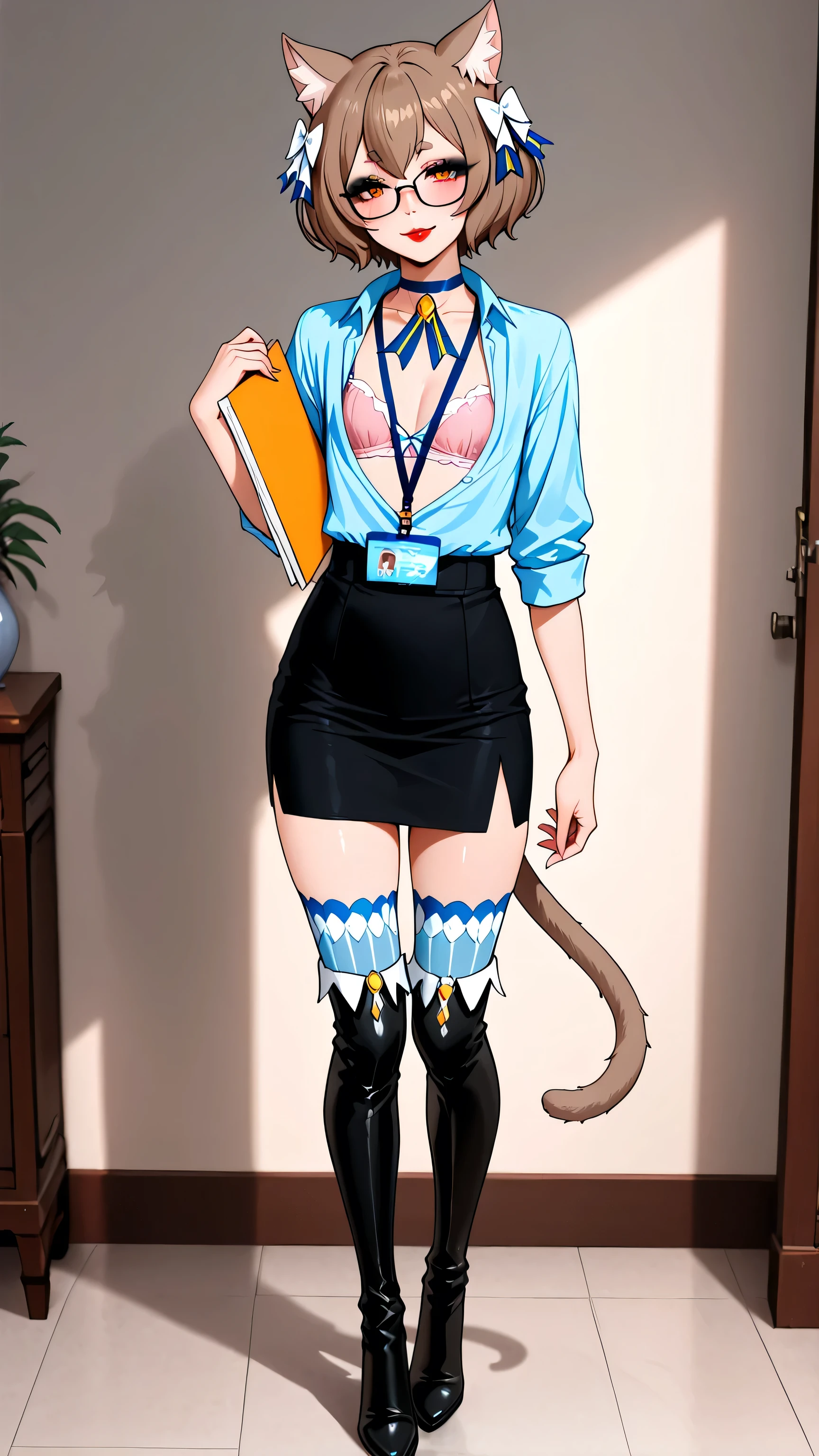 felix argyle, short hair, bangs, brown hair, black tie, animal ears, hair bow, male focus, cat ears, eyelashes, bob cut, thick eyebrows, white bow, otoko no ko, cat tail, small breast, id card, light blue shirt, cleavage, pink bra, underwear, lanyard, black skirt, pencil skirt, red lipstick, eyelashes, makeup,  glossy lips, black thigh high boots, full body, masterpiece, dakimakura, high resolution, blush, smile, looking at viewer, standing up, masterpiece, best quality, highly detailed, high quality facial features, red lipstick, perfect eyes, full body shown, seductive pose, black eyeshadow,  smile, facing directly, holding a folder, sexy pose, secreatry, sexy glasses