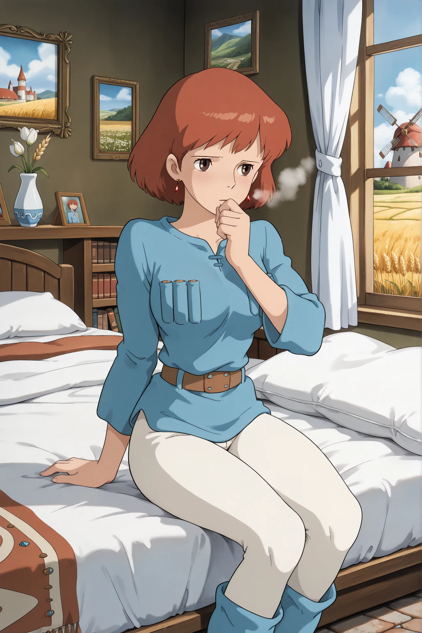 Nausicaa,1girl,brown hair,medium hair,brown eyes, breasts,, (Masterpiece, top quality, 8k, High quality anime, detailed and accurate anime poster, Studio Ghibli style, High sense Art ), adorable face, very kind face, Sitting on the bed in her private room, wake up, sleepy face, pajamas, desk, single bed, silk sheets, blue and white blanket, bookshelf, flower in a vase, large bay window, fairy painting on the wall, Exotic atmosphere, put hand own mouth, hot breath close to the face, on early morning, depressed mood, orange hair, short hair, ((elegant short bob cut)), dark brown eyes, beautiful clear eyes, Red Gemstone Earrings, beautiful breasts, beautiful legs, perfect body balance, perfect beauty, slender body, beautiful eyes, beautiful young female body, (sidelong glance), Valley of the Wind Scenery, Beautiful scenery in the valley, Cturch, windmill, Wheat field, Cobblestone load, winery, Castle terrace, Silk curtain, sword on the wall, ((very cool Nausicaa)), ((Nausicaa is very elegant)), white color leggings pants, waist string, white running shirt, beautiful skin, beautiful floor rug, front face view, she glance audience,