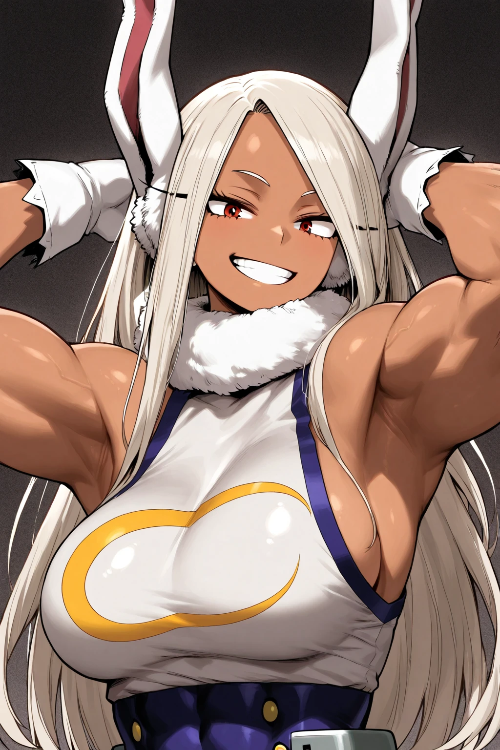 score_9, score_8_up, score_8, cute, eyelashes, beautiful eyes, big eyes, huge breasts, Mirko, dark skin, leotard