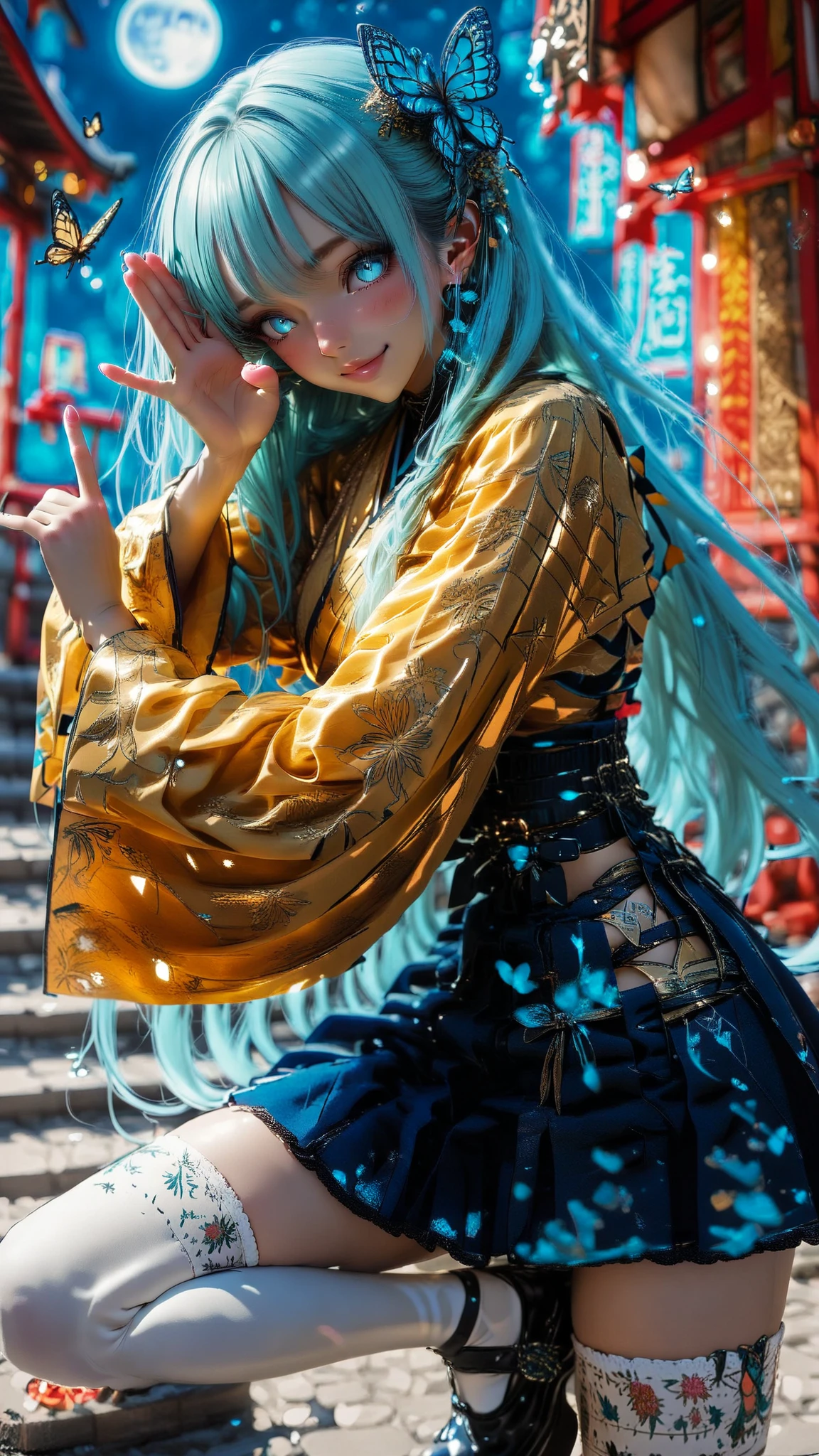 32K、takes image quality to the limit、Highest Quality、Highest Image Quality、超high resolution、 Clear and beautiful face、shrineでSmile Yang、Smile Yang、Beautiful with a tall nose,favorite face 、Shining Face、clean skin、1 girl、solo、blue hair long hair、 Ray Quincy 、 Ray Quincy 、battle pose、fierce combat、flying butterfly     、ダイナミックなbattle pose、Lookfoot platform shoes、     Black Reaper     、white knee-high socks w、Flower、Flowerプリント、blue moon、lips、dress、yellow kimono、yellow kimono、blue skirt from below the pubis、hair ornaments、hair jewelry、all、blurry background、shrine、Lift your bangs、standing dynamically、From the side、dynamic angle perspective、Butterfly Dance、holds a sword with this super beautiful composition、Holding up、high resolution
