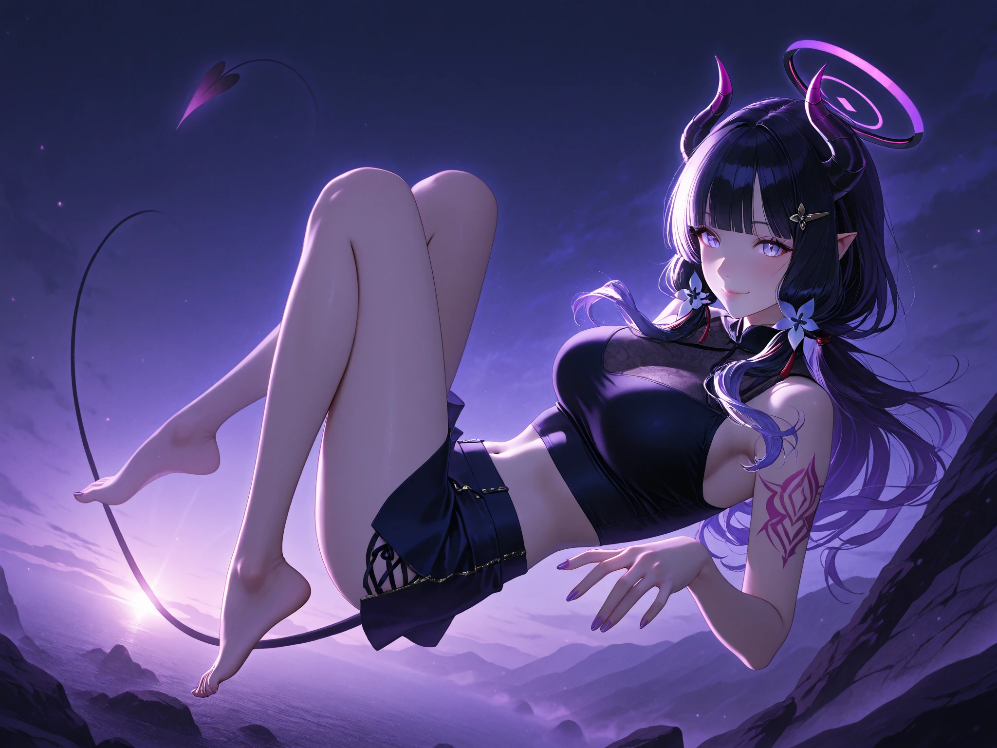 (Model pose, K-POPアイドル), cyborg少女、A horned devil with bright red wings falls from the sky, (RAW Photos), beautiful効果, Vibrant colors, The body is made of dragon scales,  Ryujin's、Ray Tracing, Tabletop, highest quality, super high quality, 不条理なdetailed, (The best light), (Best Shadow), sharp, Clear images, detailed, 非常にdetailed, High resolution, 8k, 4K, Hmph, Volumetric, detailed black armor, (Particle Effects), Creative images with machine edited backgrounds、Our bodies are made of machines、Our bodies are made of machines、beautiful, very detailed porcelain woman in profile、cyborg、Robot parts、150mm、beautifulスタジオの柔らかな光、Rim Light、鮮明なdetailed、Gorgeous Cyberpunk、Ren Hao、Surreal、Anatomical、NSFW Girl、cable, wire, Microchip、elegant、beautiful背景、Big Red Full Moon、AI-generated paintings by Sea Art、It depicts a fascinating image of yin and yang....., (highest quality, Exquisite design, The The best lighting, Better shading).High heels、Angle from below the knee、anklet、Red background on red moon background、Red eyes、The flame that Burns everything、disaster々Burn、disaster々Emitting an aura、