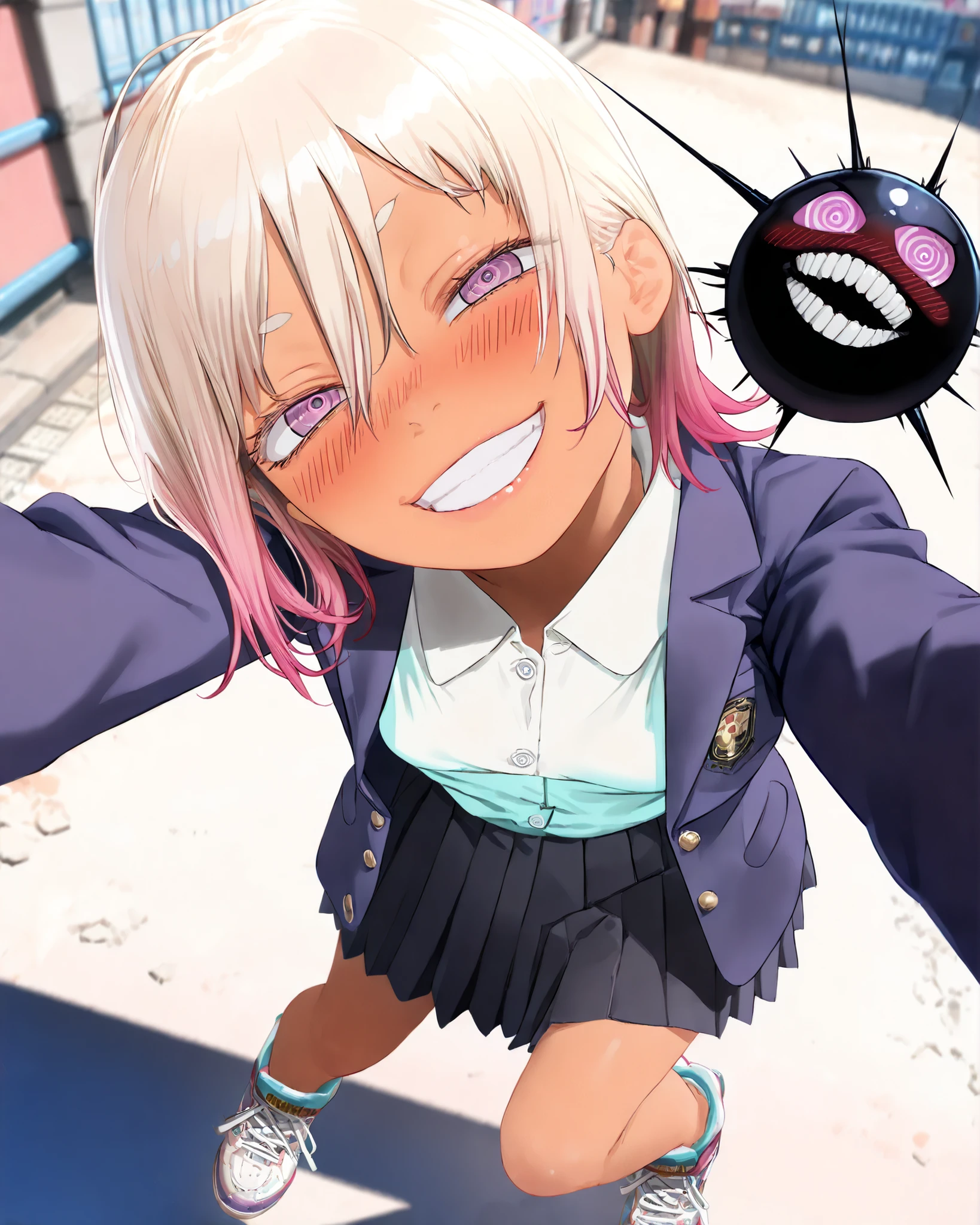 FujimotoMangaStyle, fujimoto, (((Fujimoto Tatsuki style)), ((Masterpiece)), ((best quality, amazing quality)), ((very aesthetic, absurdres, newest)), ((detailed background, negative space, blurry background, depth of field, Asymmetrical background)), (dynamic angle, wide shot, from above), ((1girl)), Cute young Girl, (Healthy Gaunt body, Textured skin, small breast, tilt head), ((brown-skin)), Glossy hair, (hair between eyes, long bangs, long side bangs), (medium hair, platinum-gold hair, unruly hair, gradient hair), ((very grin, Serrated teeth, blush)), (pale purple eyes, ringed eyes, gradient eyes, uneven eyes, peering into the viewer), big eyes, (short eyebrows), glossy lips, pouty lips, (lower eyelashes), BREAK, (open Cute blazer school uniform, Navy blue blazer, white buttoned shirt), (school uniform skirt, pleated skirt), (Thick-soled Sneakers, Sneakers shining in pastel colors)), Beautiful neckline, ((loose down arms, open hand), kawaii, ((loose standing, leaning back, legs apart, Flashy graffiti)), outdoor, dirty cityscape, Scattered rubbles, aged Asphalt,