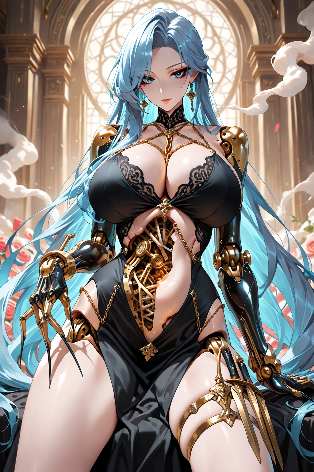 (((outstretched hands, out stretched fingers, outstretched fingers))) black hair, bare shoulder, red eyes, very long hair, cleavage, large breasts, dress, showgirl skirt, high-leg, cleavage cutout, tiara, bare thighs, gauntlets, bare shoulder, bare nails, bare fingers, bare hands, good hands, best hands, Correctly aligned fingers, extremely detailed hands and fingers, ultra detailed hands and fingers, super detailed hands and fingers, perfect female hands and fingers, biologically accurate hands and fingers, 4 fingers and 1thumb accurate hands and fingers, beautiful hands and fingers, hands and fingers drawing, human hand and fingers, perfect arrangement of fingers, detail focus hands, perfection hands, better hands, adult face, fearless face, both arms, two arms, both hands, two hands, super fine illustration, masterpiece, masterwork, by famous artist, official art, ultra high res, best quality, high quality, Hand, detailed, perfect, perfection , hands, both hands is Thumb and index finger and middle finger and ring finger and little finger, even hands, panties, thighhighs, symmetrical bangs, gleaming skin, oil skin, shiny skin, wet skin, sweat, rouge, exquisite, beautiful,cg unity 8k wall paper, perfect face, ultra detailed beautiful face, perfect nose, perfect mouth, clear eyes, light eyes, perfect eyes, symmetrical eyes, even eyes, 16k, absurdres, perfect body, perfect anatomy, perfect proportion, perfect arms, perfect torso, symmetrical hands, symmetrical arms, reaching down fingers, (((reaching down arms))), reaching down hands, spread fingers, good hands, best hands,