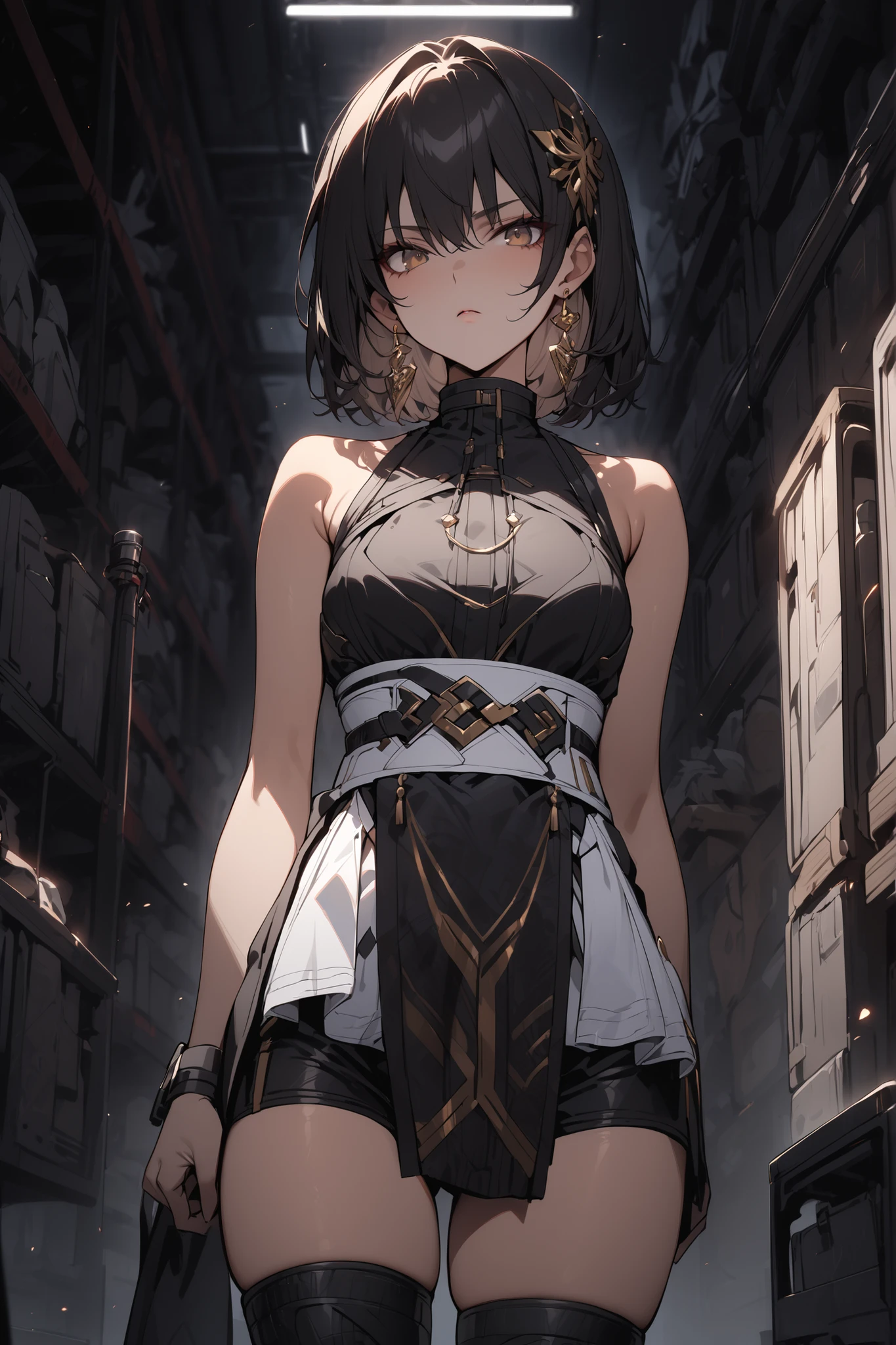 ((masterpiece,Highest Quality:1.2)),(1girl),Slender,Women standing in a dark warehouse,cowboy shot,beautiful skin,shoulder out,(Thin thighs),(open reg),(healthy tanned skin),black bob cut,Perfect brown eyes , tree eyes ,Black Drifter Sleeveless Costume,Black Shorts,(((white waist cloth))),Serious Expressionless,hair ornaments,black knee-high boots,gold earrings