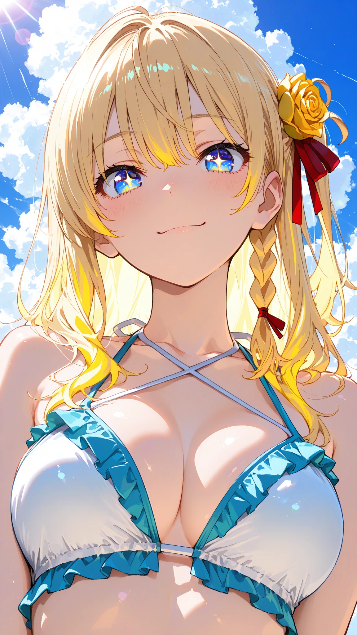 1girl in, (Chiquita:1.2), Kaho Hyuga, a blond, Hair buns, large boob, 

(Best Quality, hight resolution, 4K, Detailed Lighting, Shaders, perfect anatomia), 
Looking at Viewer, 

Blue Micro , 
Smile, 
Beach,