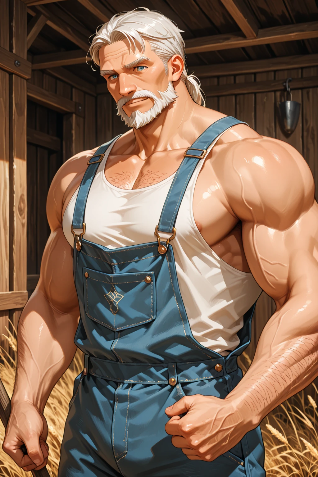 age 60, white man police detective with a mature, kind demeanor, strong and muscular yet chubby build, mustache, wearing a buttoned-open police uniform shirt(leather), police uniform shirt(nypd) , hairy , giving off a hint of a  yet disgusting aura, completing the look with shiny leather riding boots, nice bulge, sitting on a bar chair, gay bar, leather gloves, smiling,