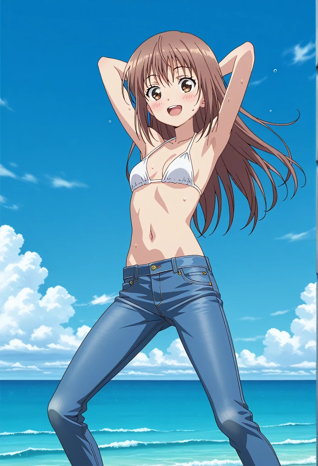 score_9, score_8_up, score_7_up, source_anime, highres, hi res, ((best quality, top quality, perfect quality, Highest Quality, amazing quality)), {{masterpiece}}, {{an extremely delicate and beautiful}}, 2d, intricate details, official style, anime, 8k, anime style, official_anime, official art, digital painting, cell shading, soft shading, high resolution, soothing tones, Subdued Color, Soft cinematic light, adobe lightroom, photolab, HDR, intricately and hyper-detailed, ((high quality animation)), 1 girl, Alone, solo, ((ocean)), tsunami, on the water, day, sunny, outdoors, sky, windy, sally, long hair, brown hair, brown eyes, anime screencap, small breasts, white bikini top, best quality, hyper-detailed jeans, ((blue jeans:1.9)), (dark blue jeans:0.6), full medium body, medium shot, Open mouth, smiling, happy face, blush, sweat, standing, ((arms behind head:6.0)), bowlegged, sliding pose, action, looking at viewer, spread legs, Bend knees slightly, straight-on front view