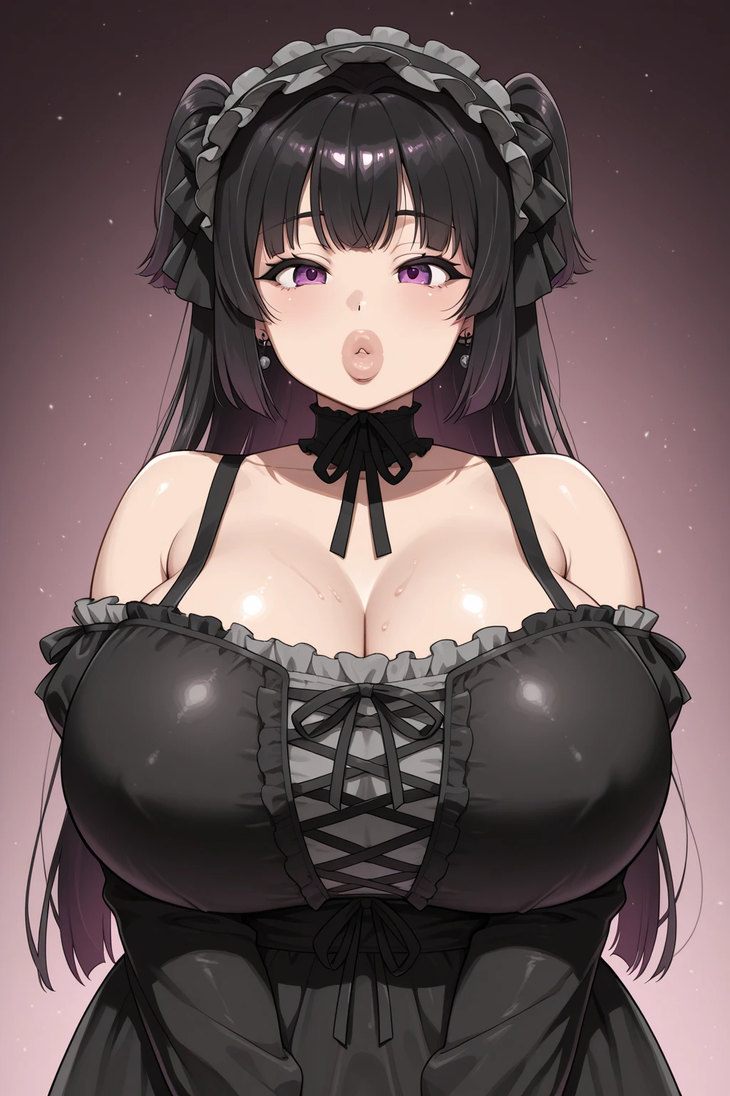 vscore_9, score_8_up, score_7_up, score_6_up, score_5_up, score_4_up, 2d, anime, anime artstyle, flat coloring, thick lines,  highleg panties, thong, groin, string panties,  <lora:Bitchy_highleg_panties_-_SDXL_Illustrious:1>, bitchpanties, 1girl, solo, breasts, looking at viewer, black hair, hair ornament, thighhighs, gloves, navel, cleavage, twintails, underwear, nipples, panties, yellow eyes, sidelocks, thighs, choker, elbow gloves, huge breasts, black panties, double bun, makeup, black choker, thick thighs, piercing, lipstick, ear piercing, fishnets, corset, areola slip, curvy, eyeshadow, wide hips, hair rings, cross-laced clothes, skull hair ornament, gothic, black lips