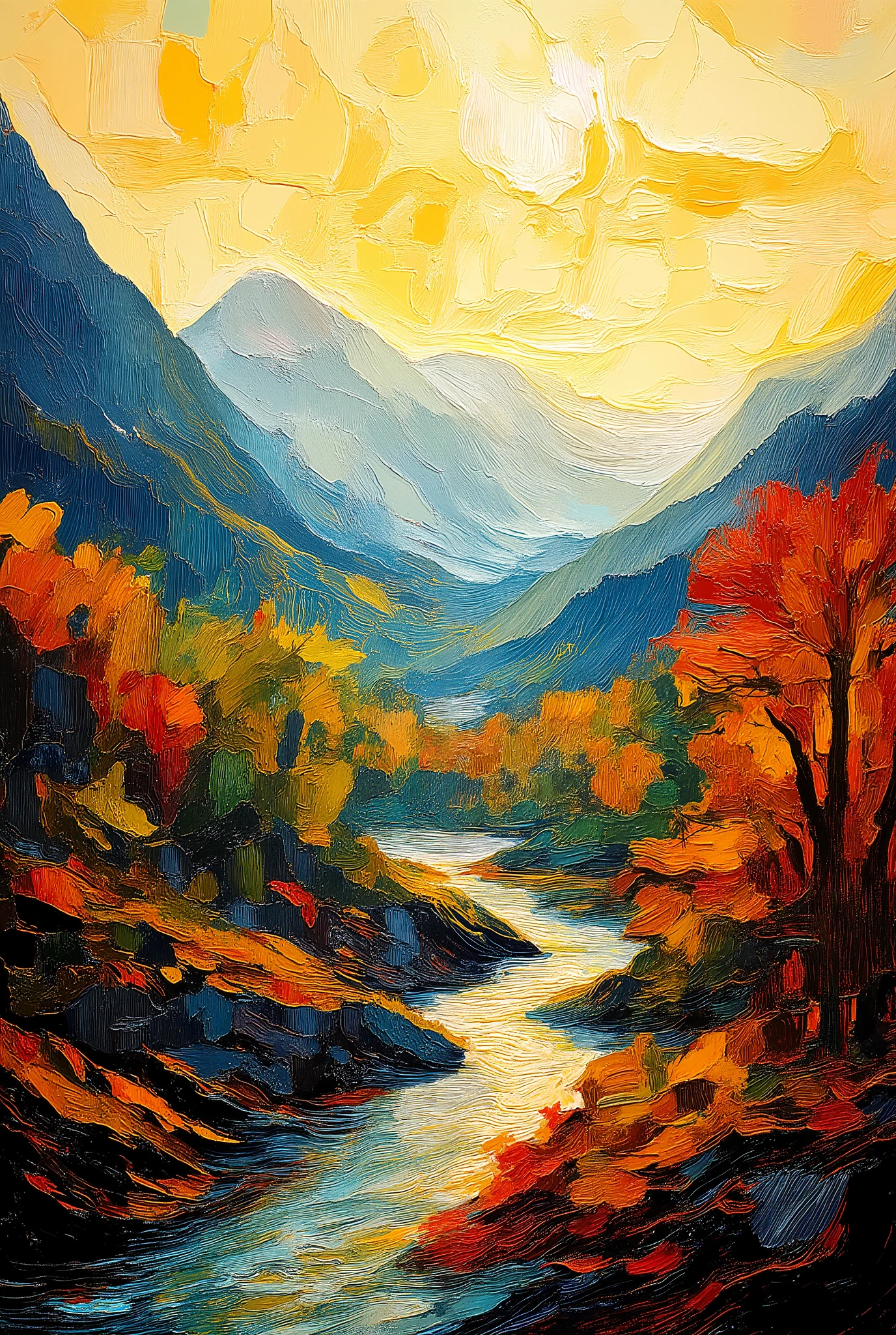 Ultra-high-resolution abstract landscape illustration in bold oil pastel style, full scene visible, no cropping.  
A winding stream flows through an autumn forest valley with rolling hills in the background.  
Use rough, thick oil pastel strokes and heavy texture, leaving visible grain and layered pigment.  
Colors are rich and slightly exaggerated: fiery oranges, deep crimson, warm golds, moss greens, and muted teal shadows.  
Trees and foliage are simplified into expressive shapes and bold blocks of color, outlines softened and irregular.  
The sky is a hazy blend of cream, peach, and light ochre with loose
