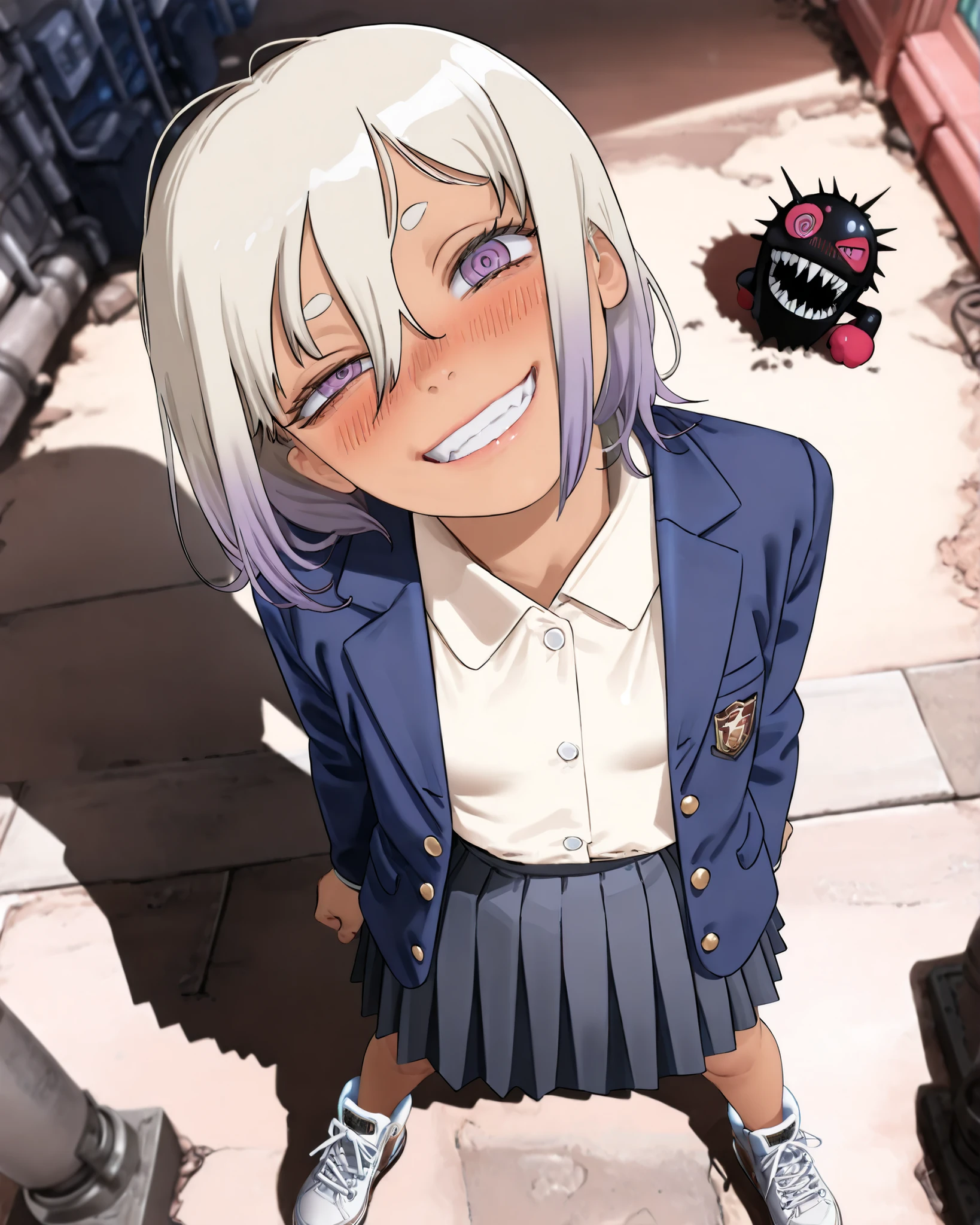 FujimotoMangaStyle, fujimoto, (((Fujimoto Tatsuki style)), ((Masterpiece)), ((best quality, amazing quality)), ((very aesthetic, absurdres, newest)), ((detailed background, negative space, blurry background, depth of field, Asymmetrical background)), (dynamic angle, wide shot, from above), ((1girl)), Cute young Girl, (Healthy Gaunt body, Textured skin, small breast, tilt head), ((brown-skin)), Glossy hair, (hair between eyes, long bangs, long side bangs), (medium hair, platinum-gold hair, unruly hair, gradient hair), ((very grin, Serrated teeth, blush)), (pale purple eyes, ringed eyes, gradient eyes, uneven eyes, peering into the viewer), big eyes, (short eyebrows), glossy lips, pouty lips, (lower eyelashes), BREAK, (open Cute blazer school uniform, Navy blue blazer, white buttoned shirt), (school uniform skirt, pleated skirt), (Thick-soled Sneakers, Sneakers shining in pastel colors)), Beautiful neckline, ((lshushing), kawaii, ((loose standing, leaning back, legs apart, Flashy graffiti)), outdoor, dirty cityscape, Scattered rubbles, aged Asphalt,