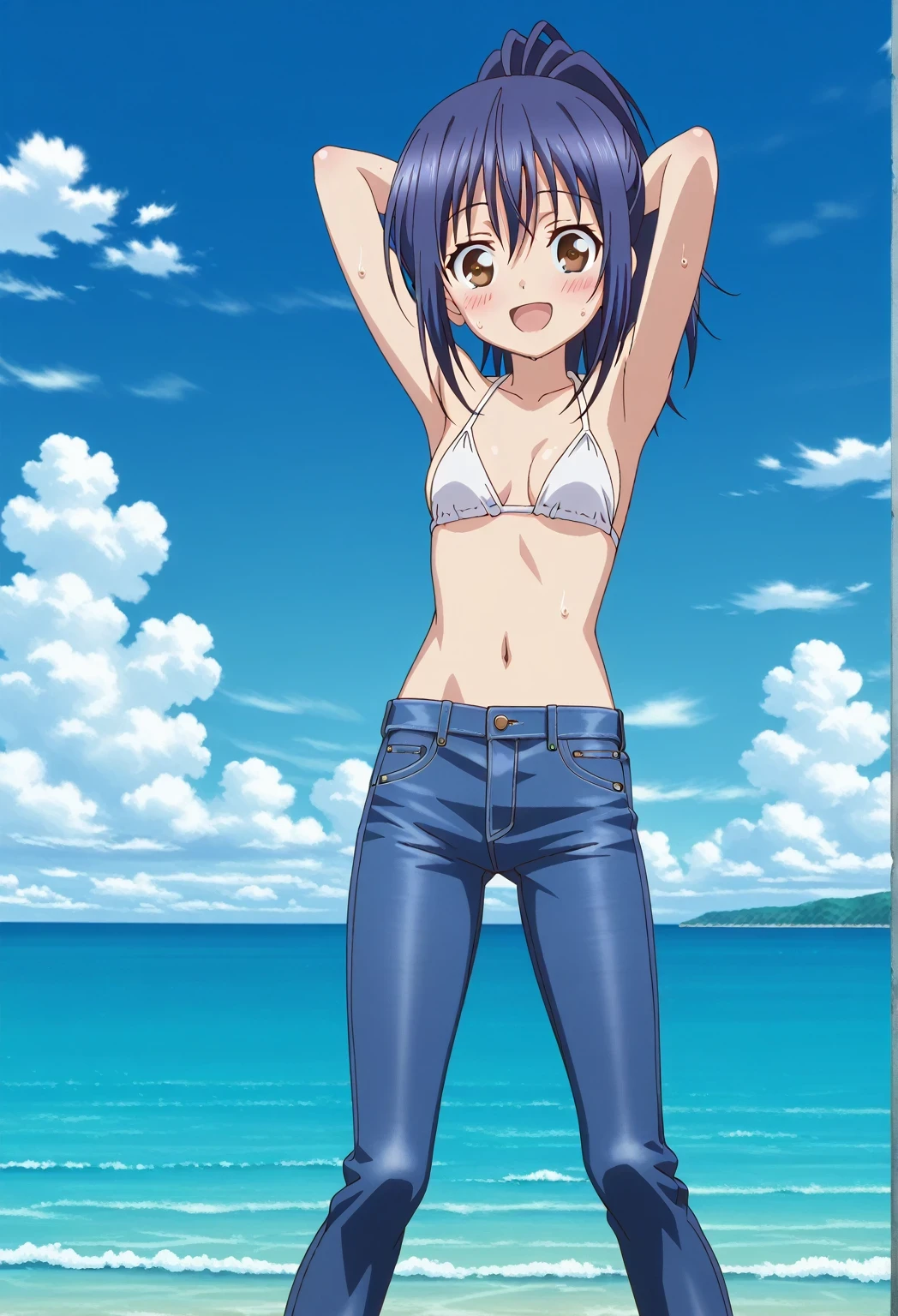 score_9, score_8_up, score_7_up, source_anime, highres, hi res, ((best quality, top quality, perfect quality, Highest Quality, amazing quality)), {{masterpiece}}, {{an extremely delicate and beautiful}}, 2d, intricate details, official style, anime, 8k, anime style, official_anime, official art, digital painting, cell shading, soft shading, high resolution, soothing tones, Subdued Color, Soft cinematic light, adobe lightroom, photolab, HDR, intricately and hyper-detailed, ((high quality animation)), 1 girl, Alone, solo, ((ocean)), tsunami, on the water, day, sunny, outdoors, sky, windy, mana takamiya, long hair, hair between eyes, brown eyes, blue hair, ponytail, sidelocks, anime screencap, small breasts, white bikini top, best quality, hyper-detailed jeans, ((blue jeans:1.9)), (dark blue jeans:0.6), full medium body, medium shot, Open mouth, smiling, happy face, blush, sweat, standing, ((arms behind head:6.0)), bowlegged, jumping pose, action, looking at viewer, spread legs, Bend knees slightly, straight-on front view