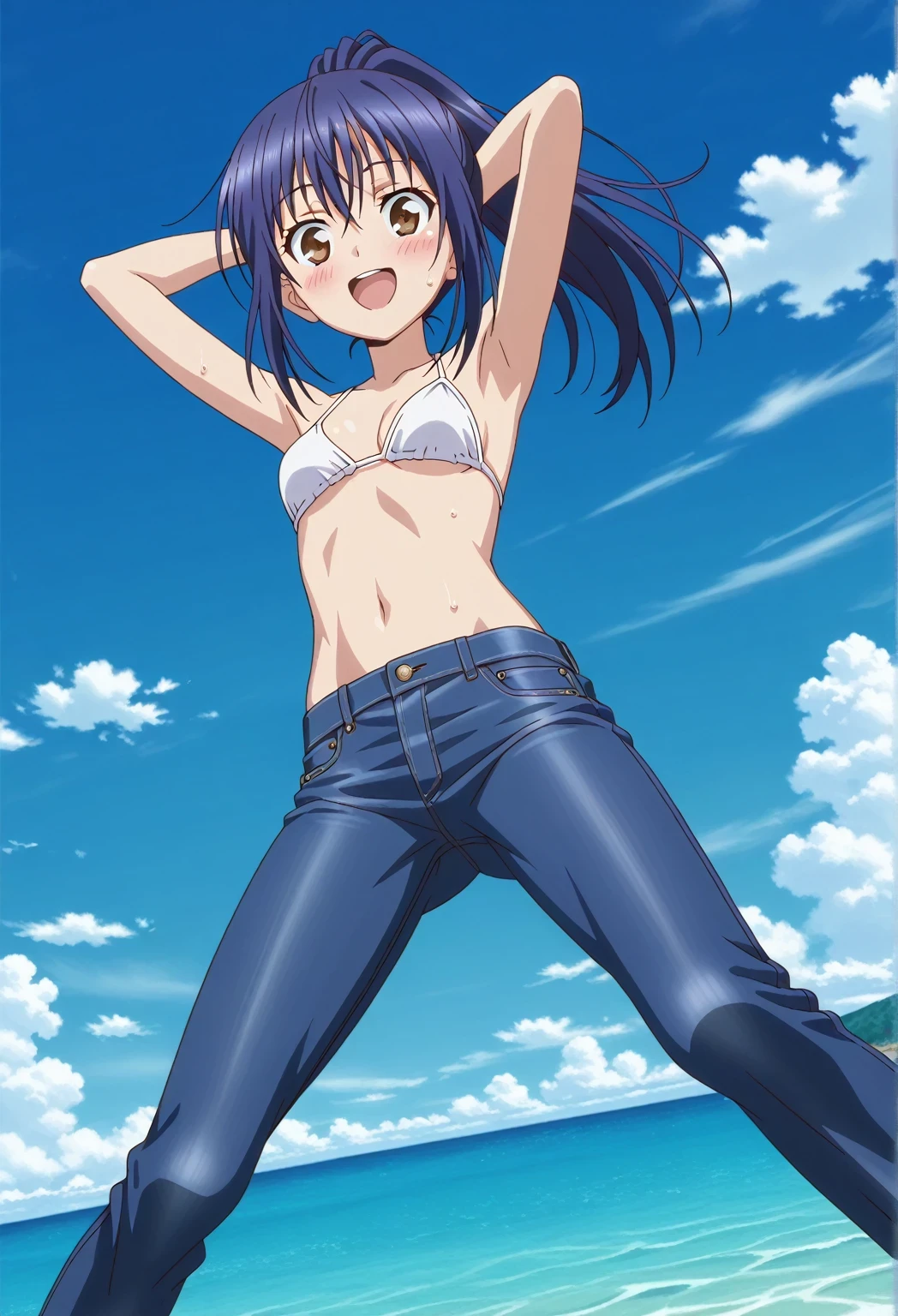 score_9, score_8_up, score_7_up, source_anime, highres, hi res, ((best quality, top quality, perfect quality, Highest Quality, amazing quality)), {{masterpiece}}, {{an extremely delicate and beautiful}}, 2d, intricate details, official style, anime, 8k, anime style, official_anime, official art, digital painting, cell shading, soft shading, high resolution, soothing tones, Subdued Color, Soft cinematic light, adobe lightroom, photolab, HDR, intricately and hyper-detailed, ((high quality animation)), 1 girl, Alone, solo, ((ocean)), tsunami, on the water, day, sunny, outdoors, sky, windy, mana takamiya, long hair, hair between eyes, brown eyes, blue hair, ponytail, sidelocks, anime screencap, small breasts, white bikini top, best quality, hyper-detailed jeans, ((blue jeans:1.9)), (dark blue jeans:0.6), full medium body, medium shot, Open mouth, smiling, happy face, blush, sweat, standing, ((arms behind head:6.0)), bowlegged, jumping pose, action, looking at viewer, spread legs, Bend knees slightly, straight-on front view