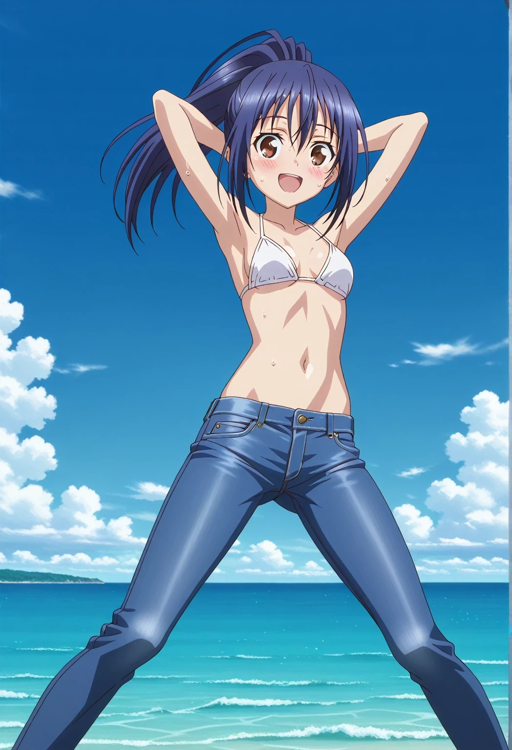 score_9, score_8_up, score_7_up, source_anime, highres, hi res, ((best quality, top quality, perfect quality, Highest Quality, amazing quality)), {{masterpiece}}, {{an extremely delicate and beautiful}}, 2d, intricate details, official style, anime, 8k, anime style, official_anime, official art, digital painting, cell shading, soft shading, high resolution, soothing tones, Subdued Color, Soft cinematic light, adobe lightroom, photolab, HDR, intricately and hyper-detailed, ((high quality animation)), 1 girl, Alone, solo, ((ocean)), tsunami, on the water, day, sunny, outdoors, sky, windy, mana takamiya, long hair, hair between eyes, brown eyes, blue hair, ponytail, sidelocks, anime screencap, small breasts, white bikini top, best quality, hyper-detailed jeans, ((blue jeans:1.9)), (dark blue jeans:0.6), full medium body, medium shot, Open mouth, smiling, happy face, blush, sweat, standing, ((arms behind head:6.0)), bowlegged, jumping pose, action, looking at viewer, spread legs, Bend knees slightly, straight-on front view