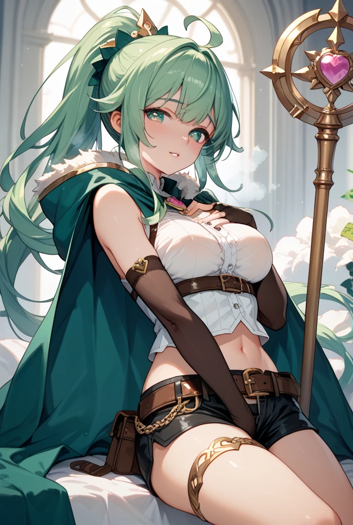 score_9,score_8_up,score_7_up,source_anime,rating_questionable,1girl,<lora:sorcerer:1>,sorcerer,green hair,sitting,potted plant,navel,sideboob,cape,thigh boots,garden,